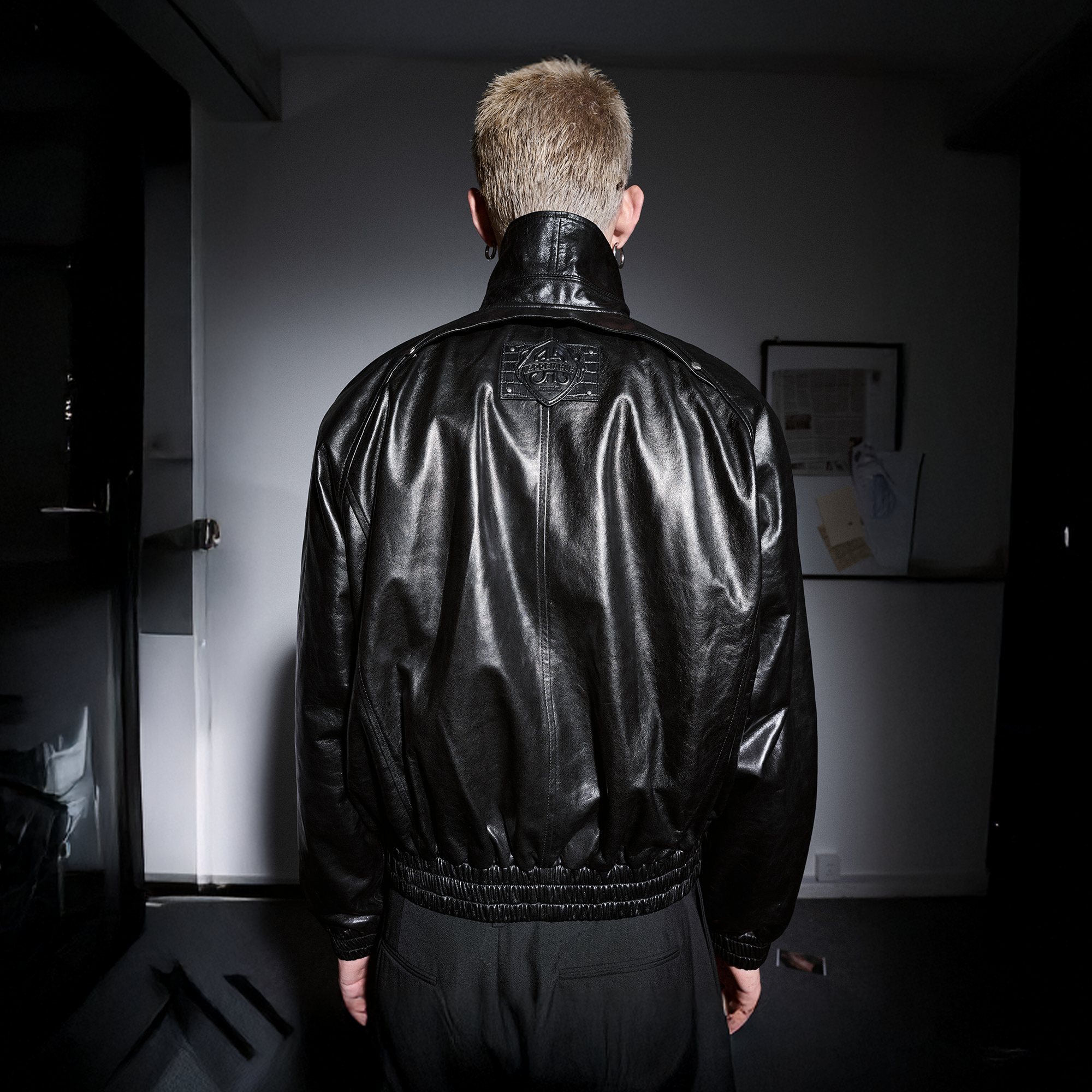 455EMBLE Glossy Leather Paneled Bomber Jacket