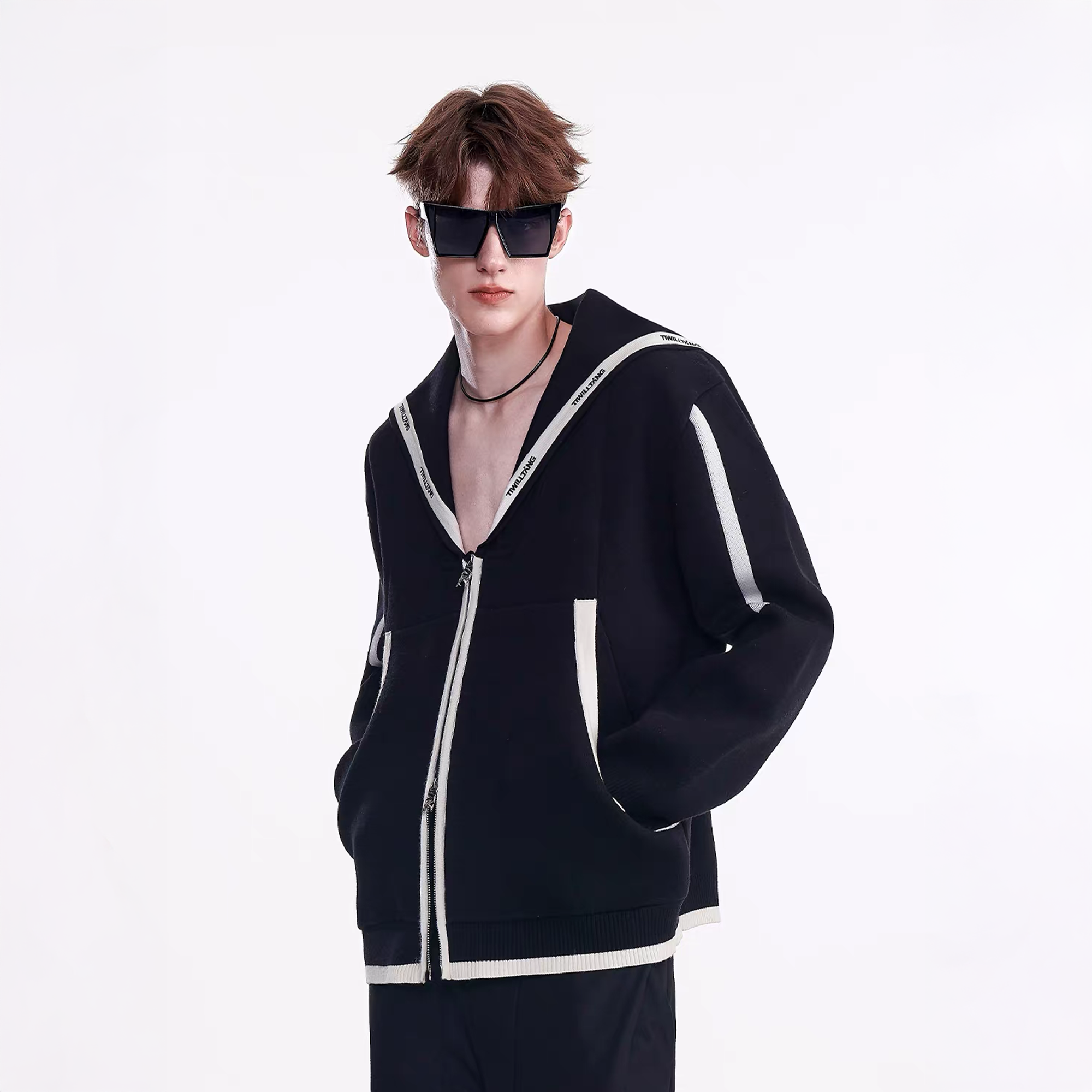 TIWILLTANG Contrast-Trim Sailor-Collar Jacket, premium urban and streetwear designers apparel on PROJECTISR.com, TIWILLTANG