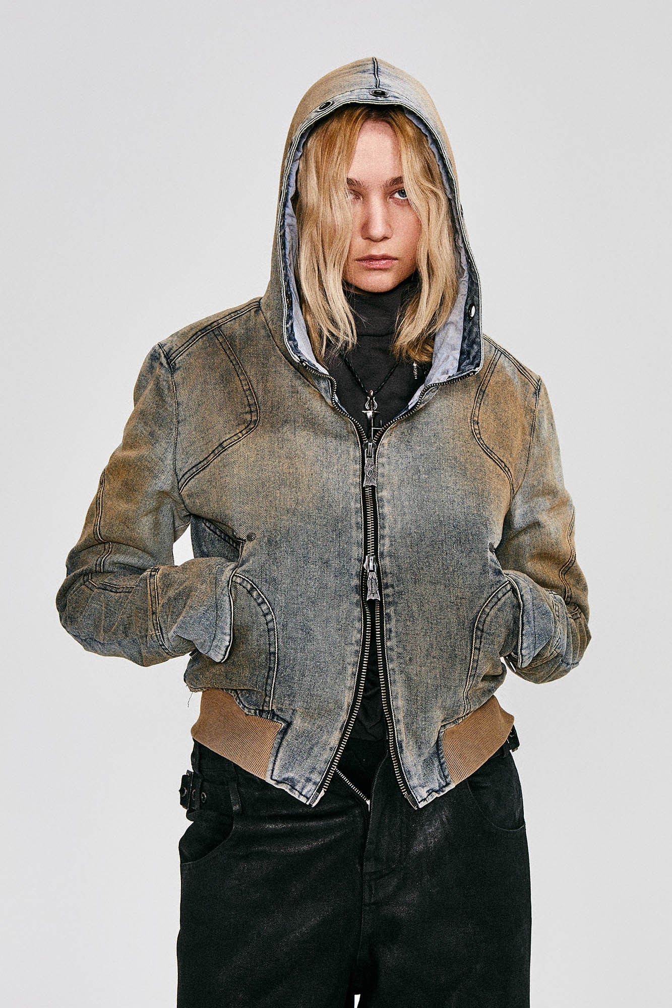 FLYERRER Distressed Spliced Studded Hooded Short Denim Jacket, premium urban and streetwear designers apparel on PROJECTISR.com, FLYERRER