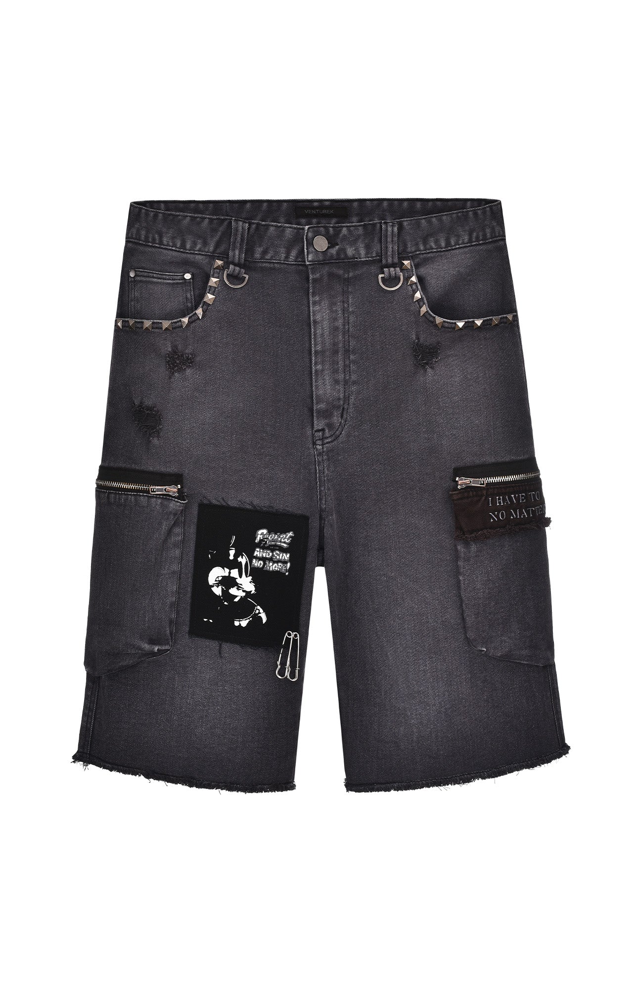 VENTUREK Washed Patch Studded Raw-Edge Shorts, premium urban and streetwear designers apparel on PROJECTISR.com, VENTUREK