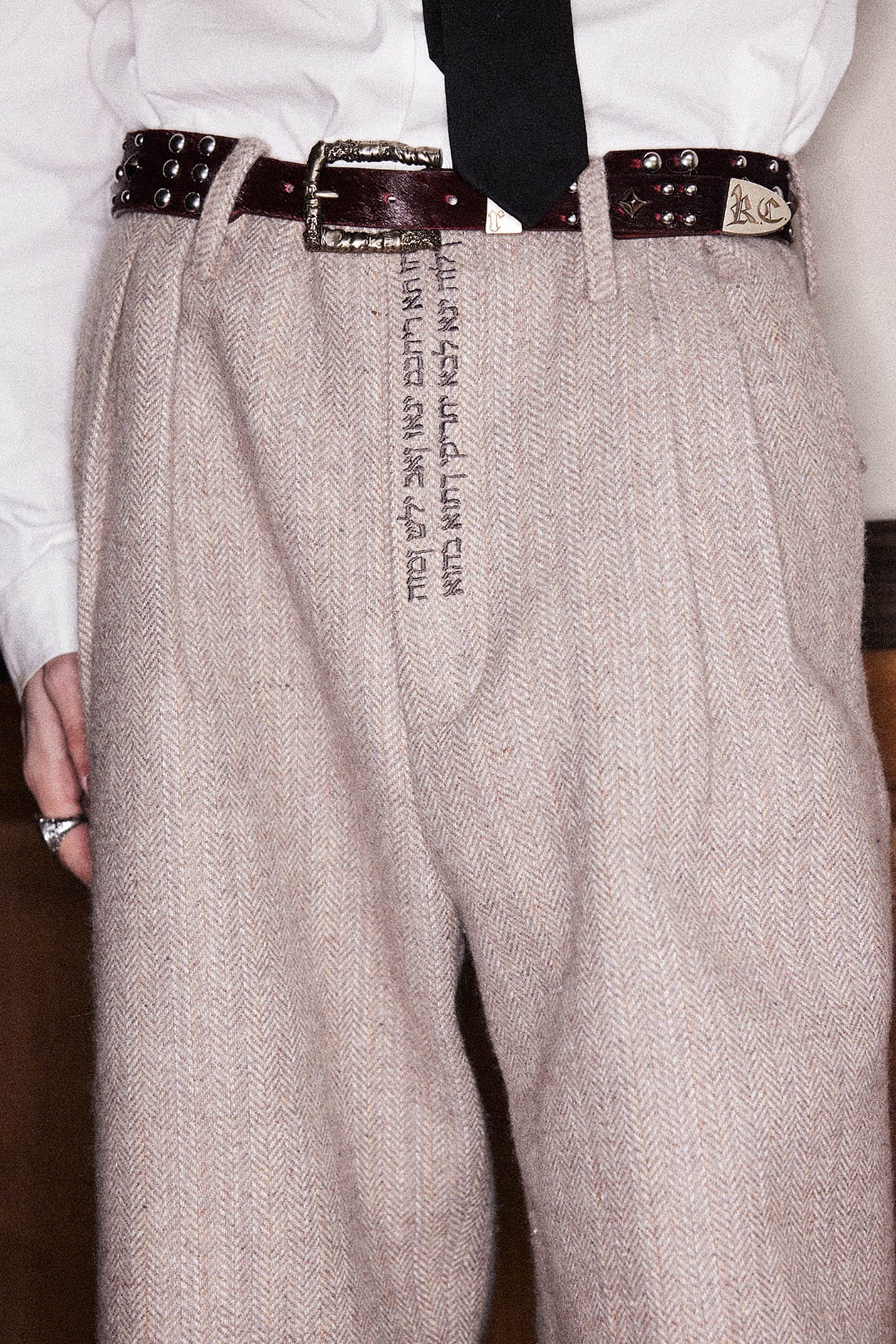 RICHILL Herringbone Hebrew Embroidery Wool-Blended Trousers, premium urban and streetwear designers apparel on PROJECTISR.com, RICHILL