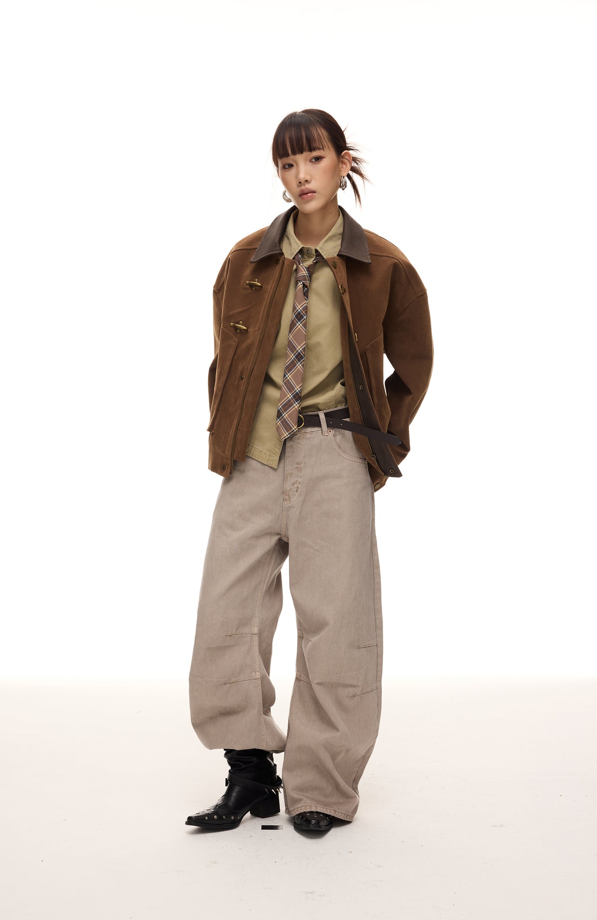 BOTANICA Retro Spliced Faux Leather Aviator Jacket