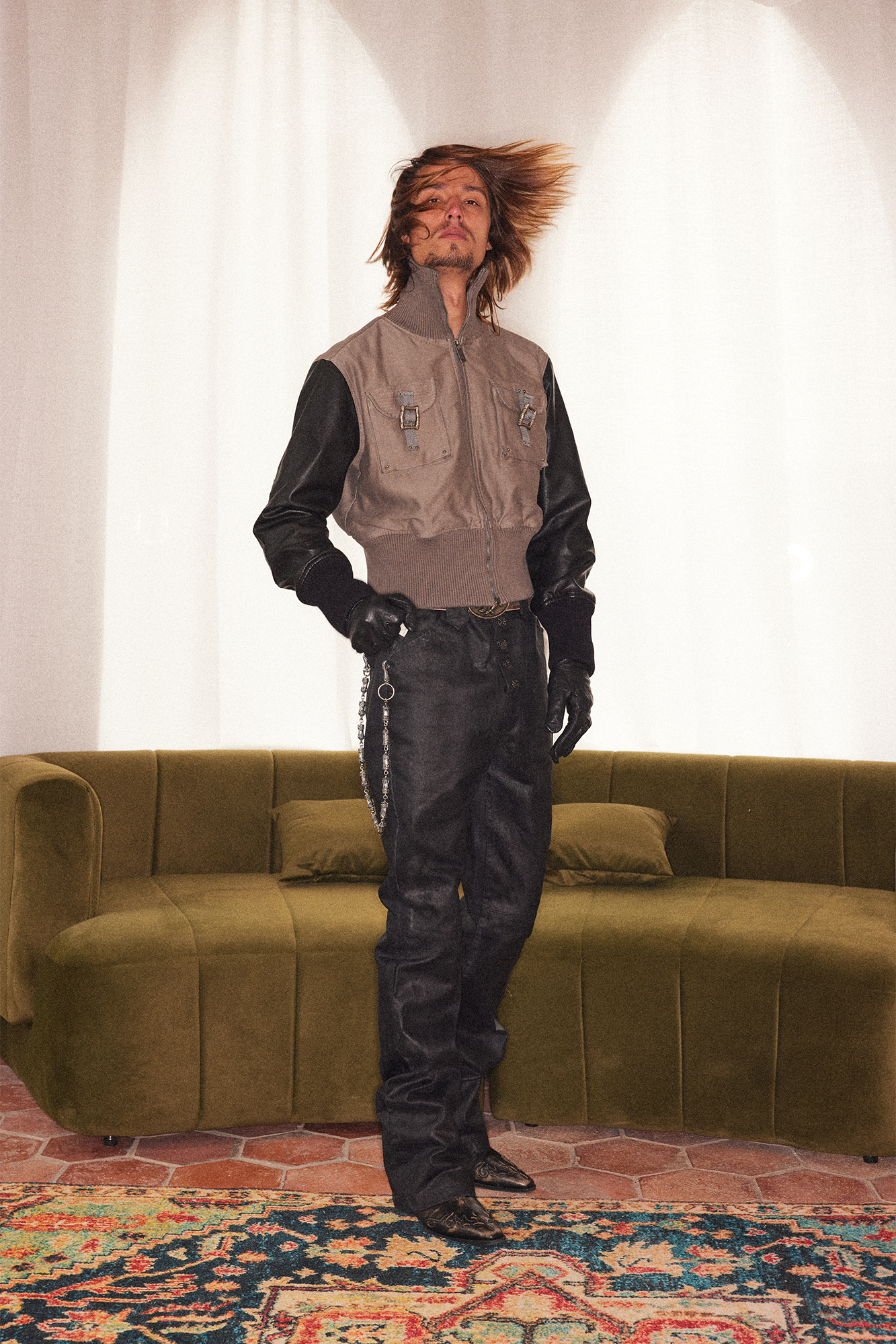 RICHILL Faux Leather Sleeve Rib-Knit Stand-Collar Jacket, premium urban and streetwear designers apparel on PROJECTISR.com, RICHILL