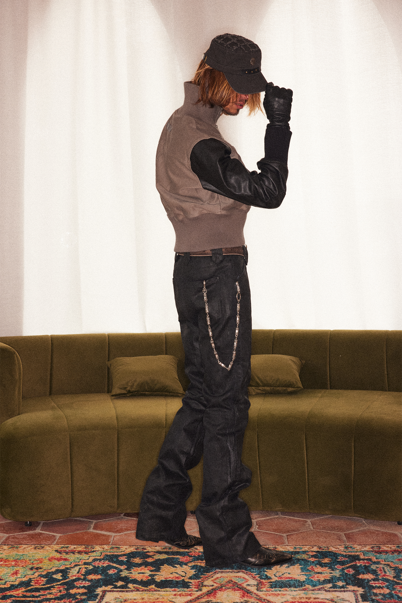 RICHILL Faux Leather Sleeve Rib-Knit Stand-Collar Jacket, premium urban and streetwear designers apparel on PROJECTISR.com, RICHILL
