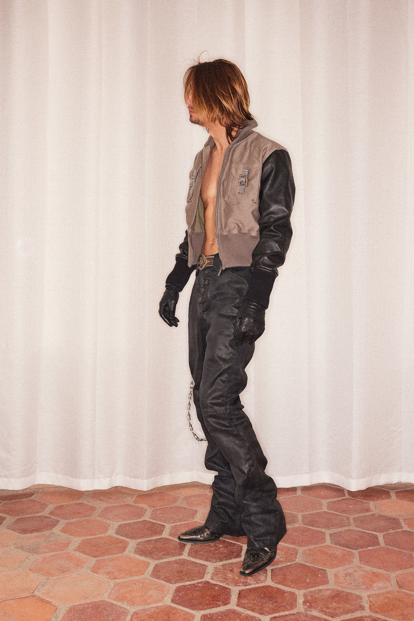 RICHILL Faux Leather Sleeve Rib-Knit Stand-Collar Jacket, premium urban and streetwear designers apparel on PROJECTISR.com, RICHILL