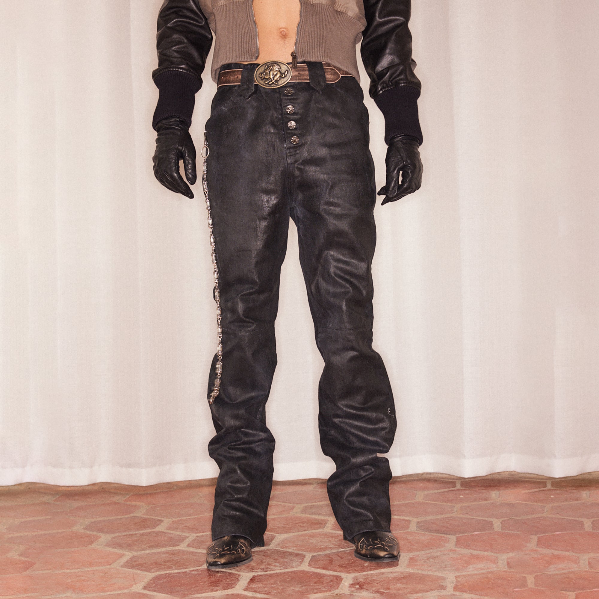RICHILL Cracked Coated Flared Denim Pants, premium urban and streetwear designers apparel on PROJECTISR.com, RICHILL