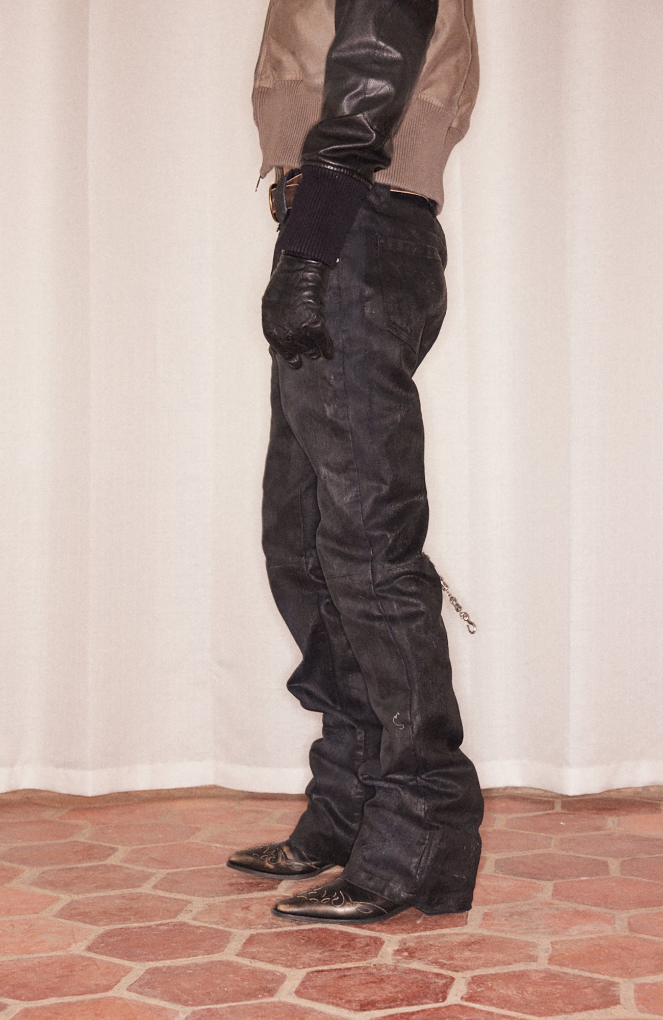 RICHILL Cracked Coated Flared Denim Pants, premium urban and streetwear designers apparel on PROJECTISR.com, RICHILL