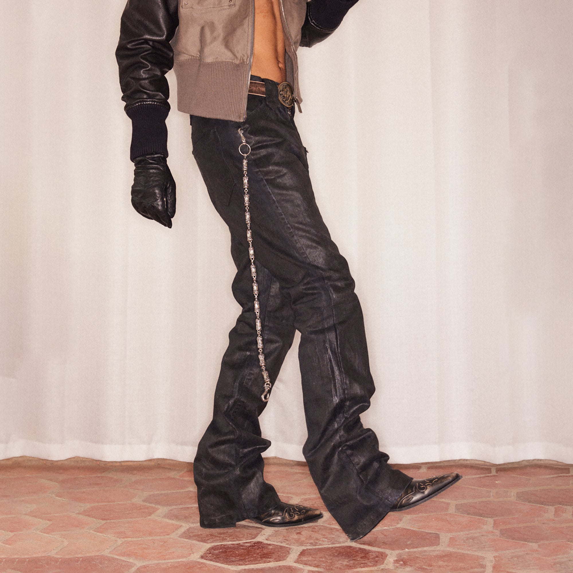 RICHILL Cracked Coated Flared Denim Pants, premium urban and streetwear designers apparel on PROJECTISR.com, RICHILL