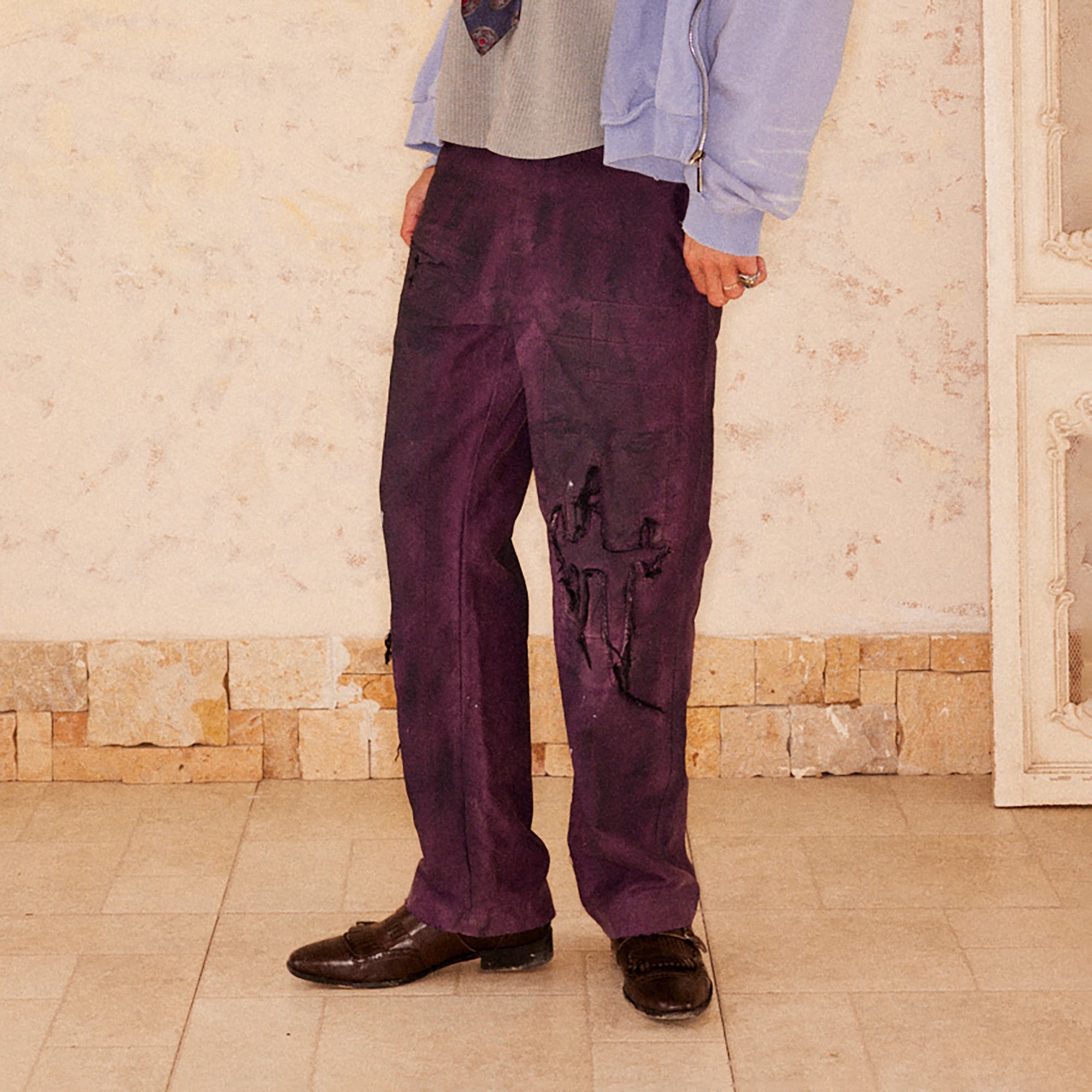 RICHILL Distressed Patchwork Moleskin Straight-Leg Pants, premium urban and streetwear designers apparel on PROJECTISR.com, RICHILL