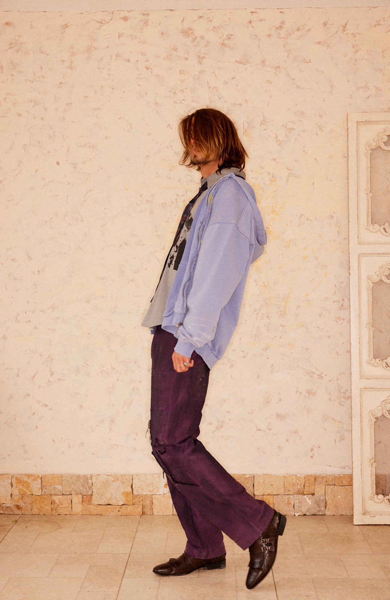 RICHILL Distressed Patchwork Moleskin Straight-Leg Pants, premium urban and streetwear designers apparel on PROJECTISR.com, RICHILL