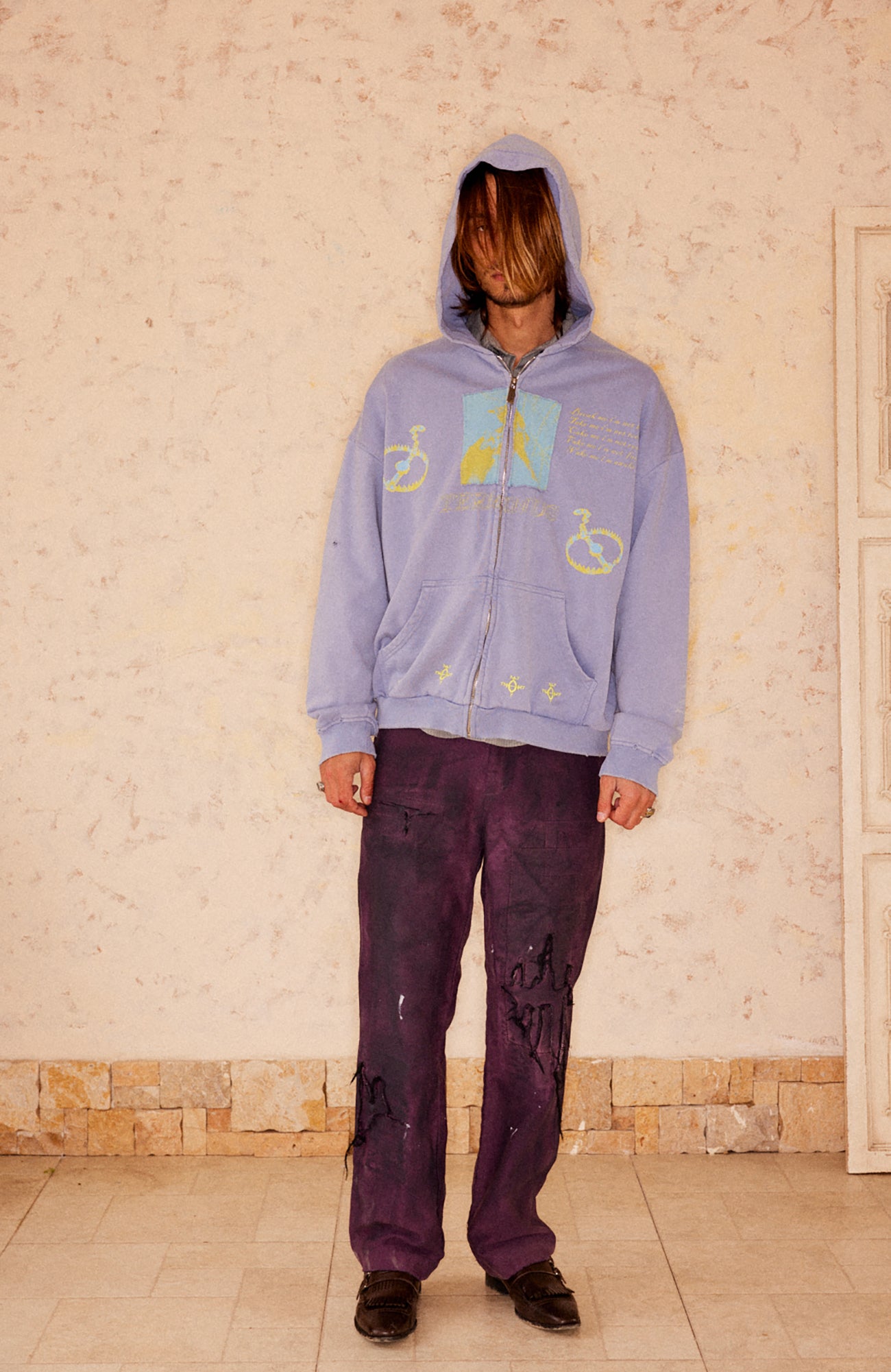 RICHILL Distressed Patchwork Moleskin Straight-Leg Pants, premium urban and streetwear designers apparel on PROJECTISR.com, RICHILL