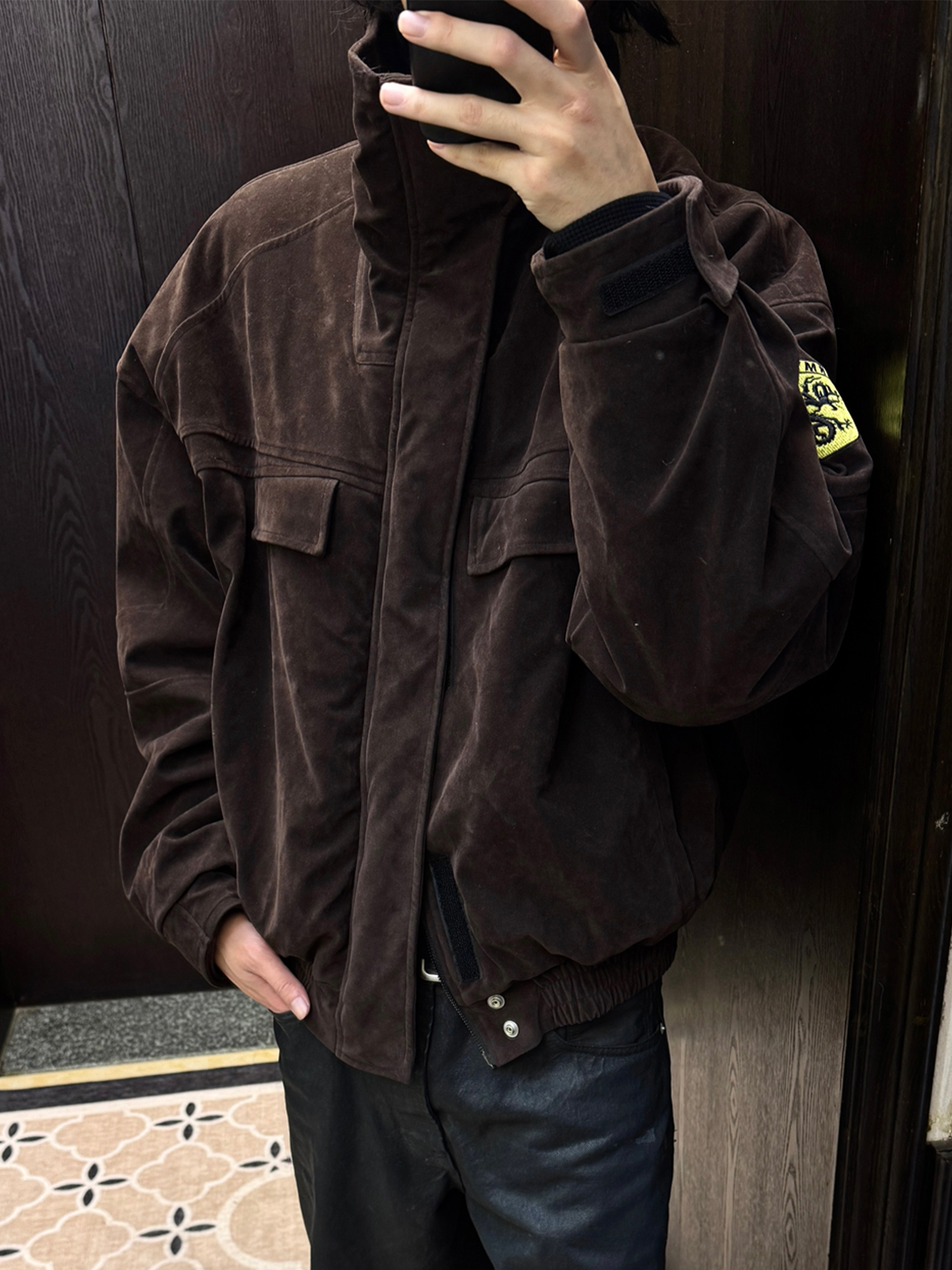 TRECLUB Faux Suede Utility Bomber Jacket