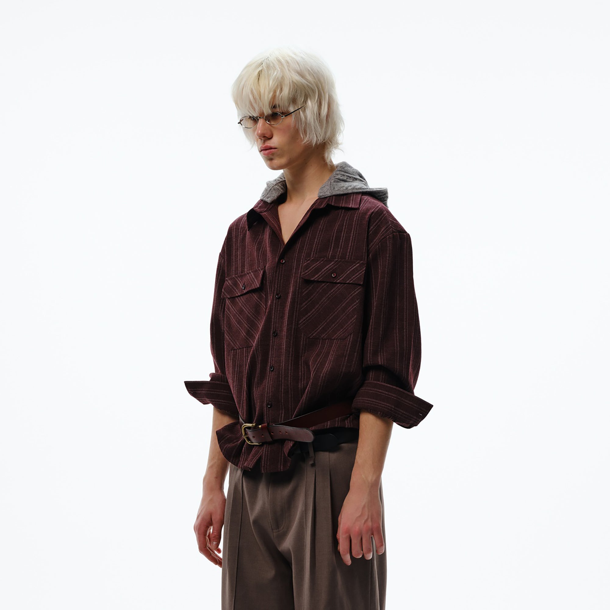 TRECLUB Retro Faux-Layer Hooded Button-Up Shirt, premium urban and streetwear designers apparel on PROJECTISR.com, TRECLUB