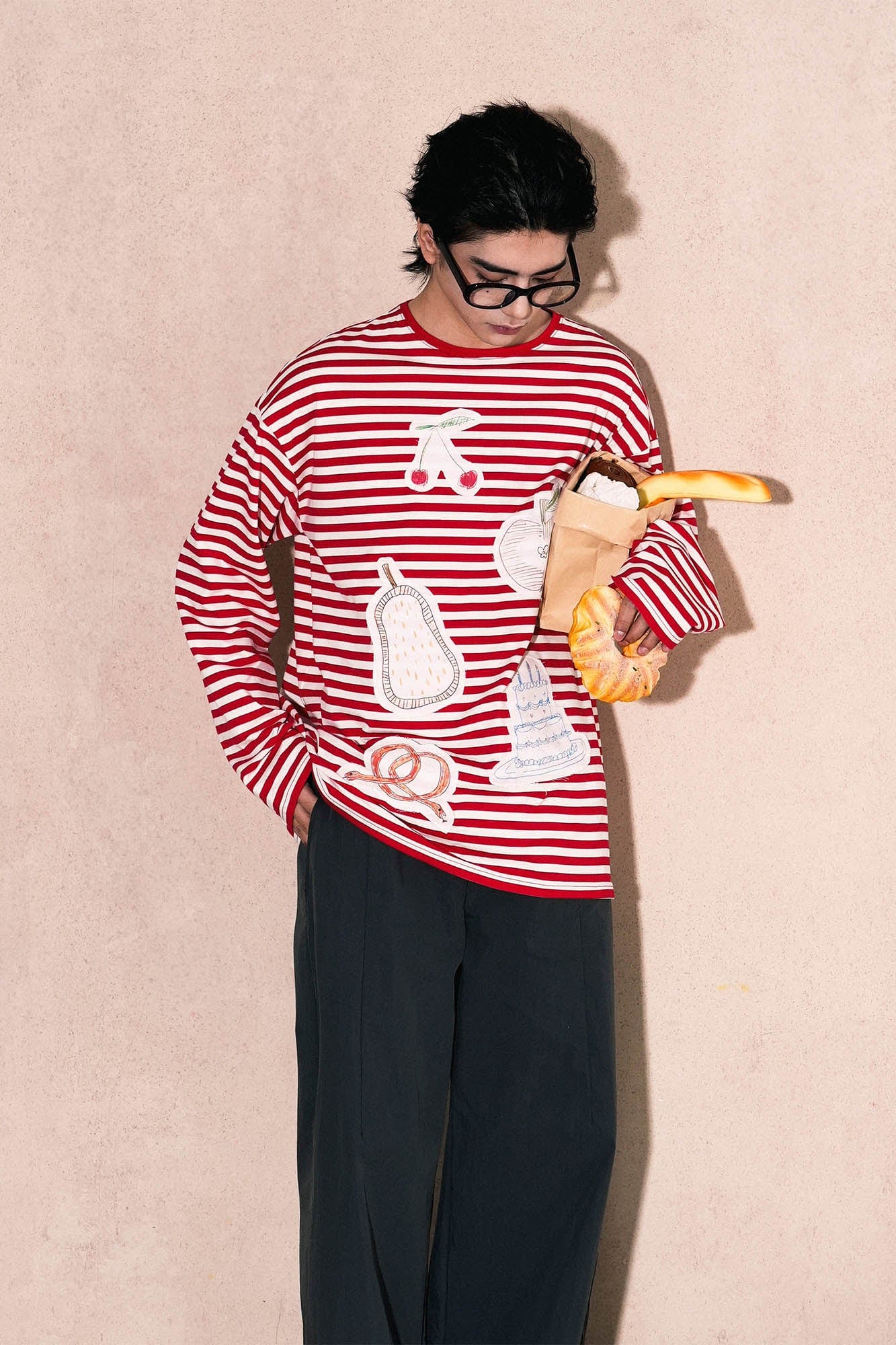 OIPWORD Snack Patchwork Striped Long-Sleeve Tee, premium urban and streetwear designers apparel on PROJECTISR.com, OIPWORD