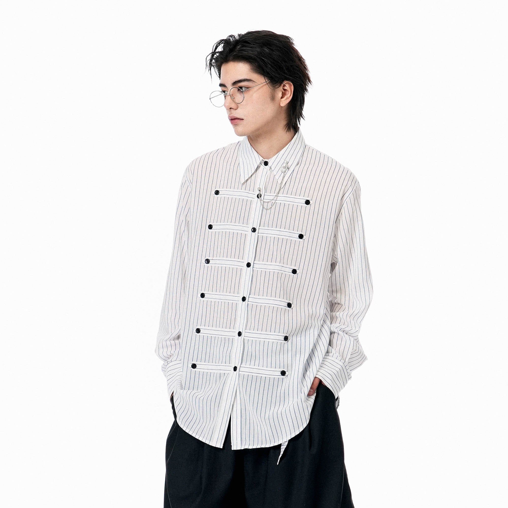 OIPWORD Courtly Multi-Strap Pinstriped Shirt, premium urban and streetwear designers apparel on PROJECTISR.com, OIPWORD