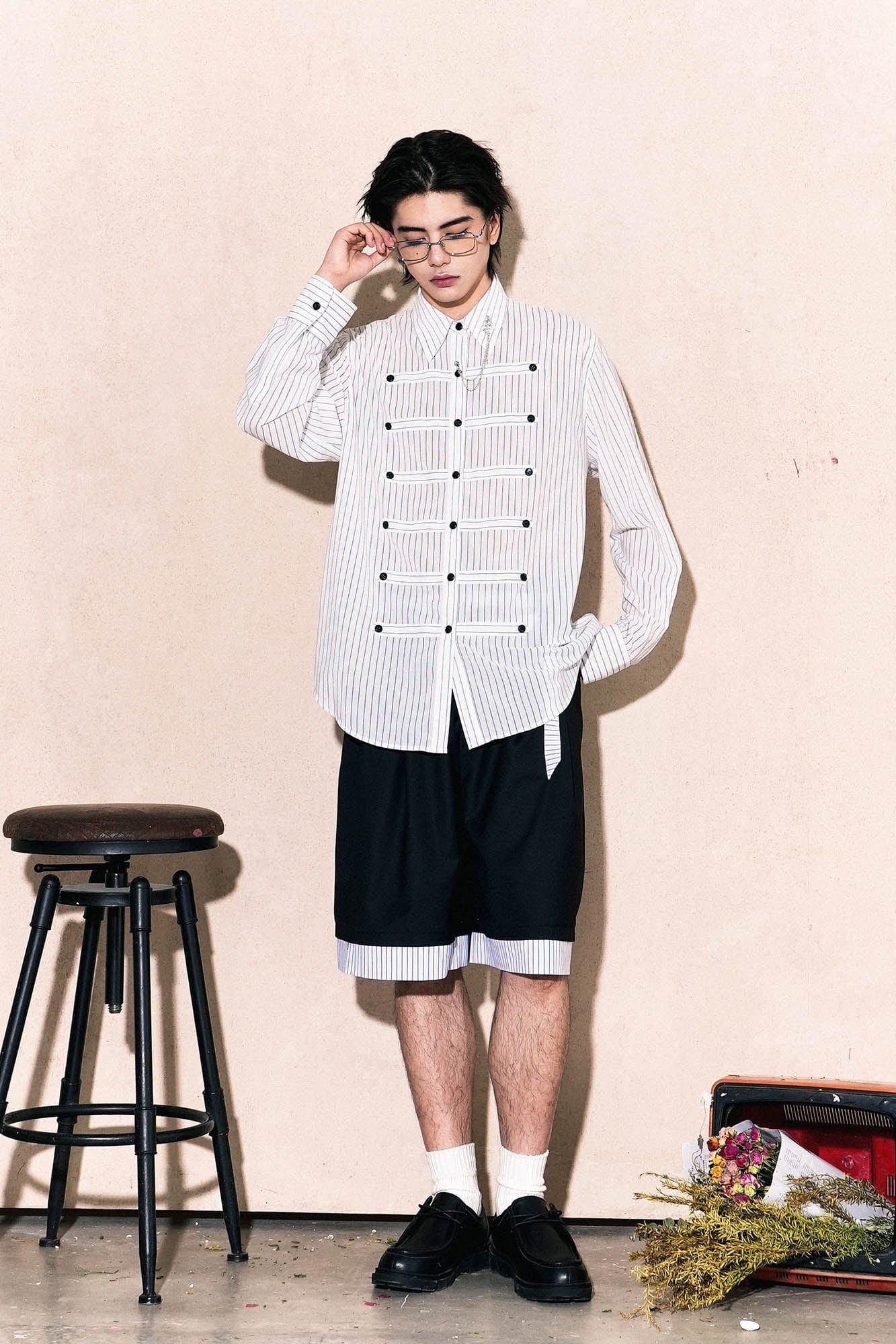 OIPWORD Courtly Multi-Strap Pinstriped Shirt, premium urban and streetwear designers apparel on PROJECTISR.com, OIPWORD
