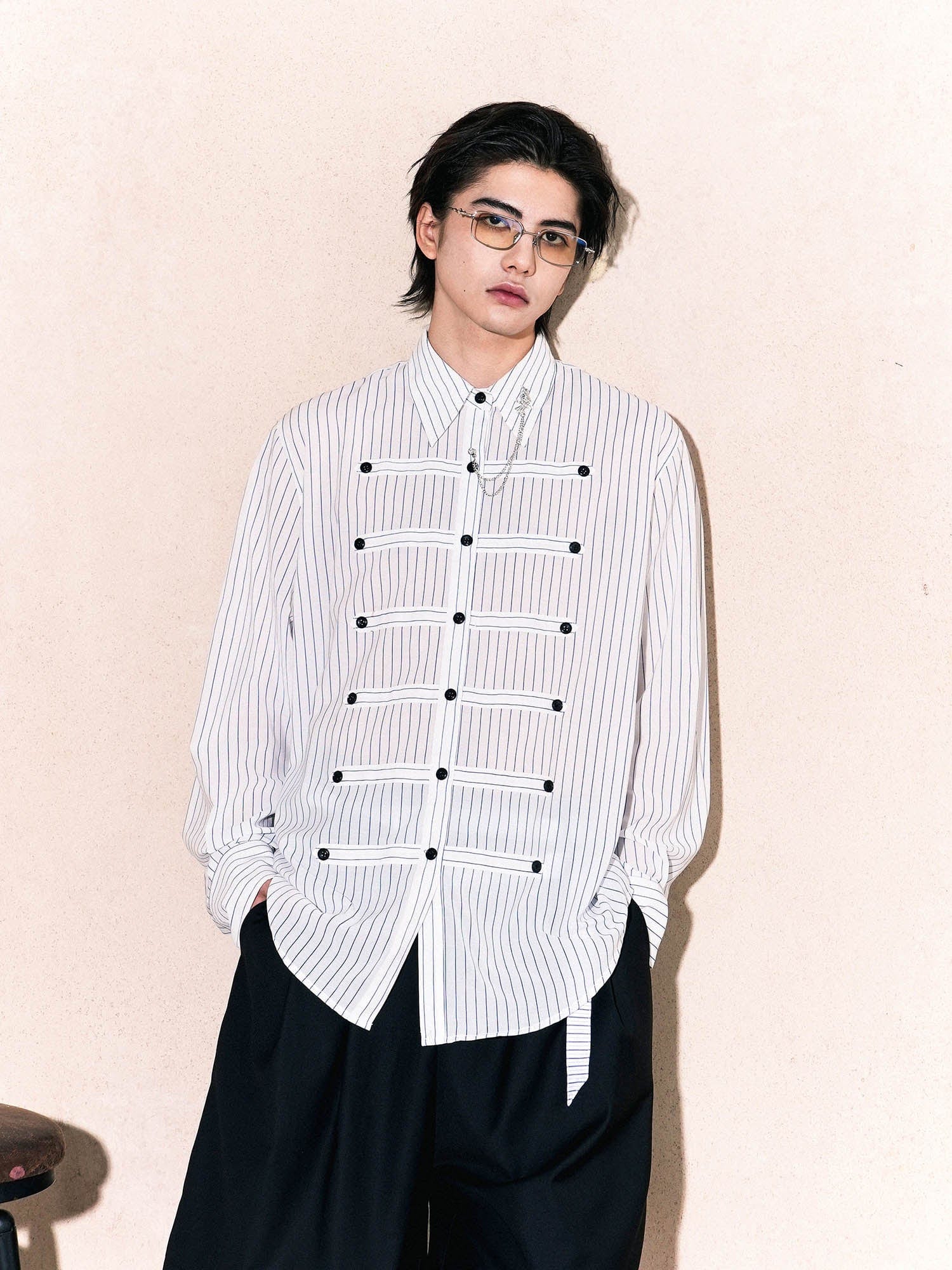 OIPWORD Courtly Multi-Strap Pinstriped Shirt, premium urban and streetwear designers apparel on PROJECTISR.com, OIPWORD