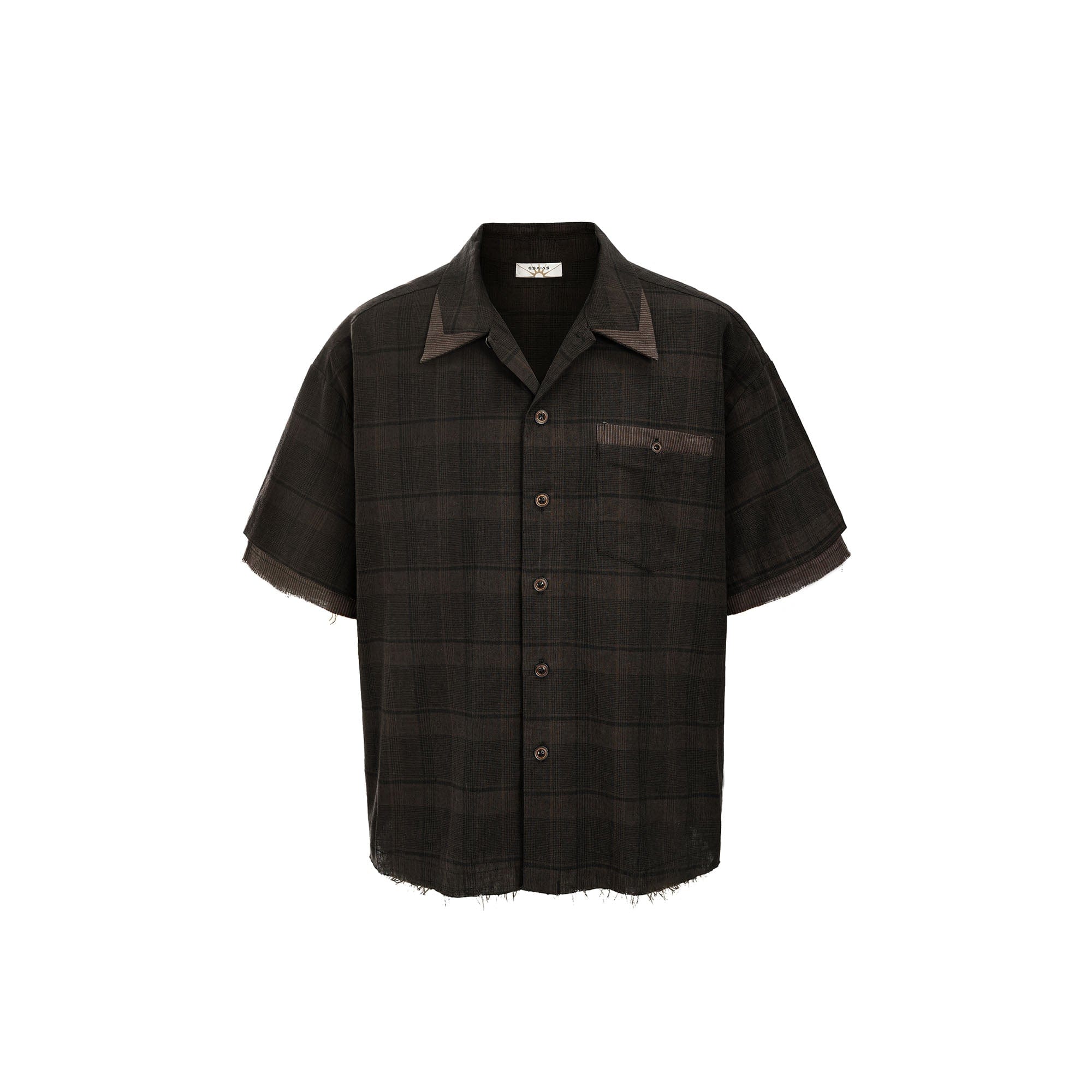 ESAIAS Plaid Layered Raw-Edge Half Shirt Brown, premium urban and streetwear designers apparel on PROJECTISR.com, ESAIAS