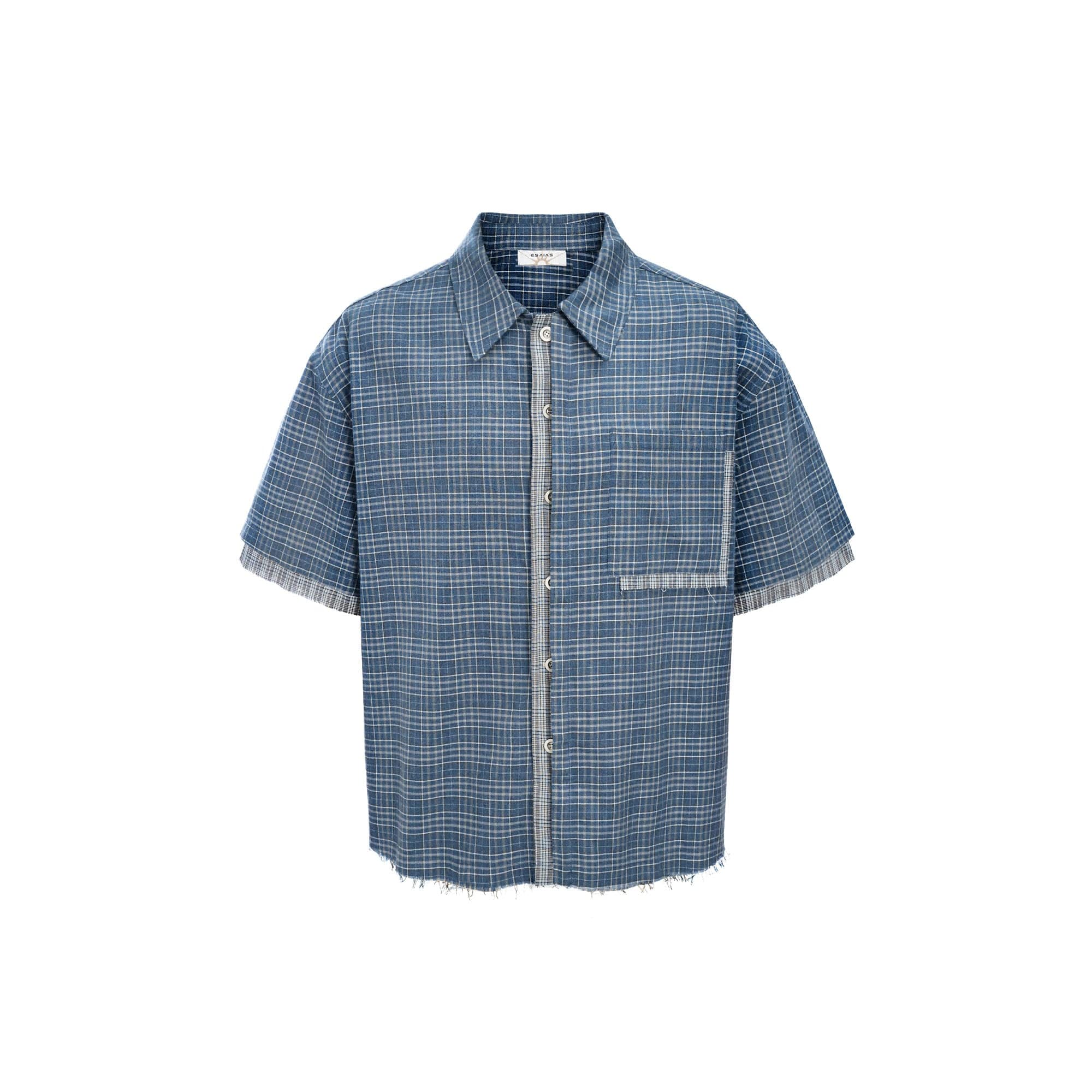 ESAIAS Plaid Layered Raw-Edge Half Shirt Blue, premium urban and streetwear designers apparel on PROJECTISR.com, ESAIAS
