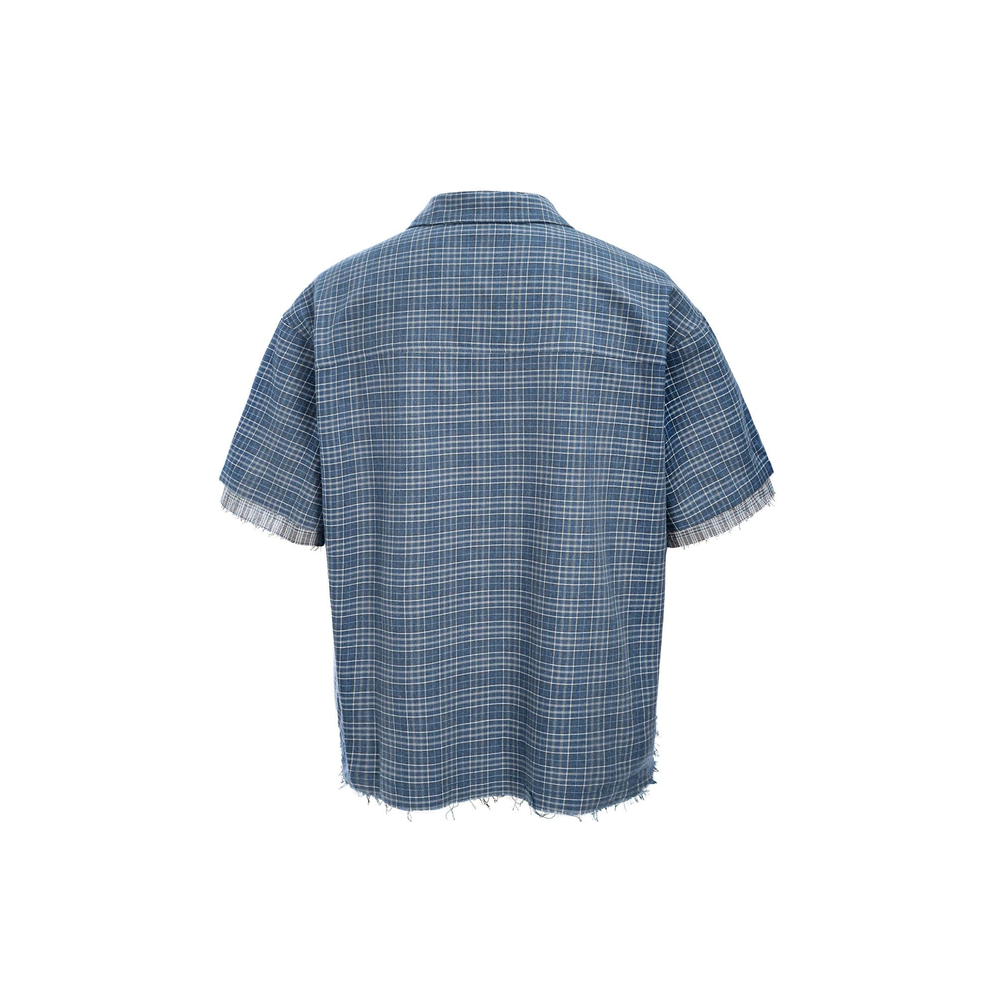 ESAIAS Plaid Layered Raw-Edge Half Shirt Blue, premium urban and streetwear designers apparel on PROJECTISR.com, ESAIAS