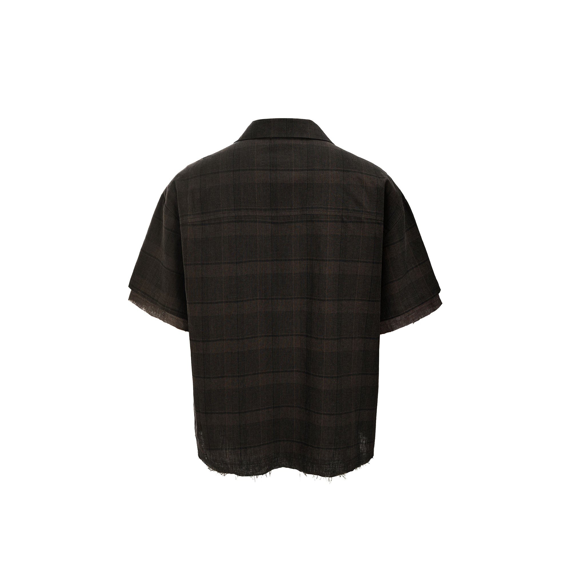 ESAIAS Plaid Layered Raw-Edge Half Shirt Brown, premium urban and streetwear designers apparel on PROJECTISR.com, ESAIAS