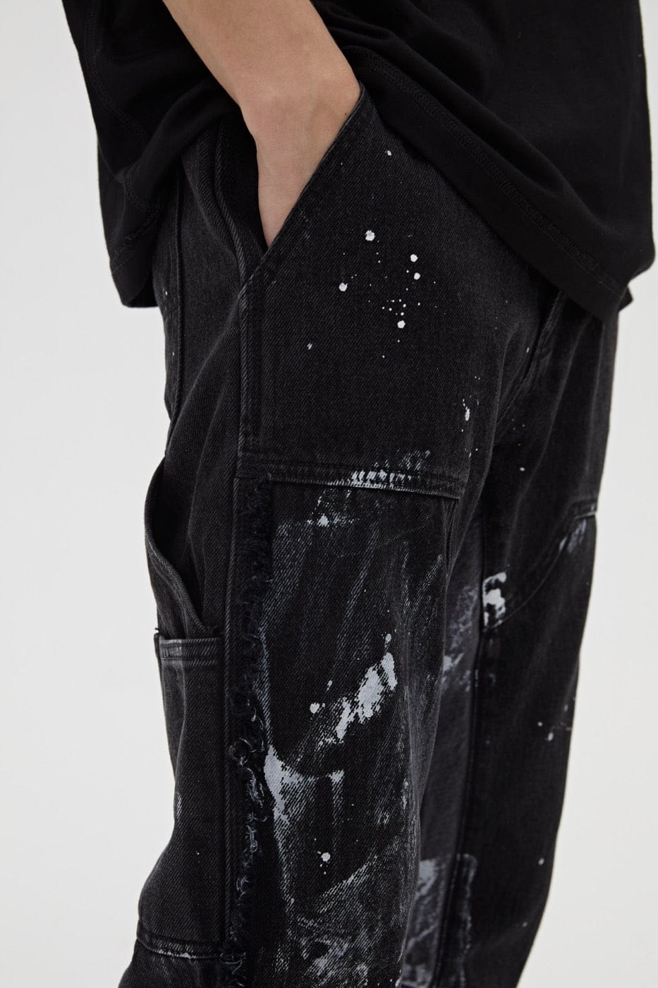 BONELESS Raw-Edge Spliced Paint Splatter Flared Jeans, premium urban and streetwear designers apparel on PROJECTISR.com, BONELESS