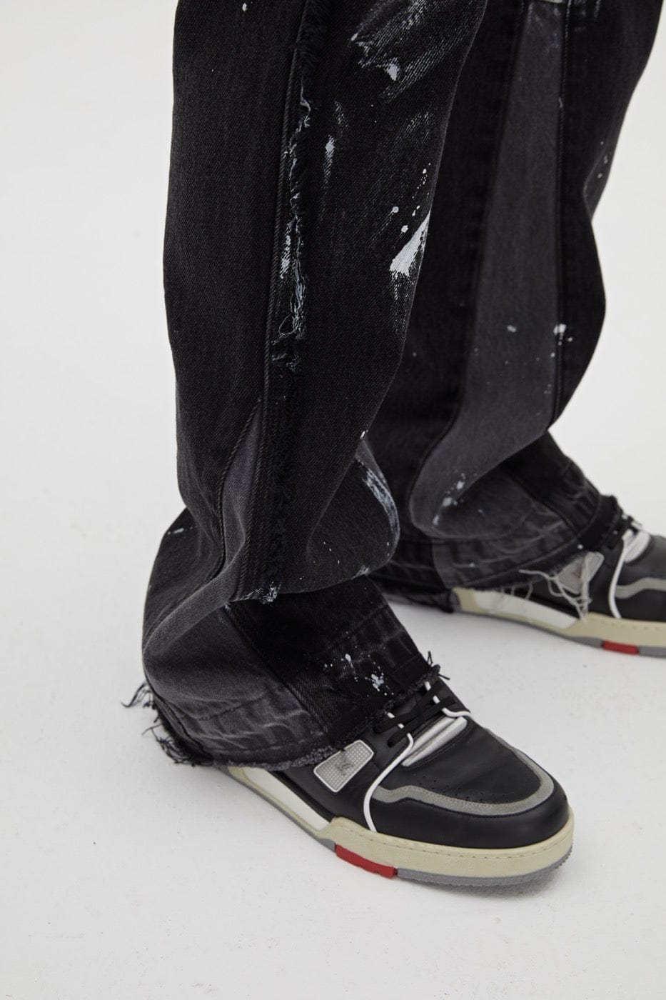 BONELESS Raw-Edge Spliced Paint Splatter Flared Jeans, premium urban and streetwear designers apparel on PROJECTISR.com, BONELESS