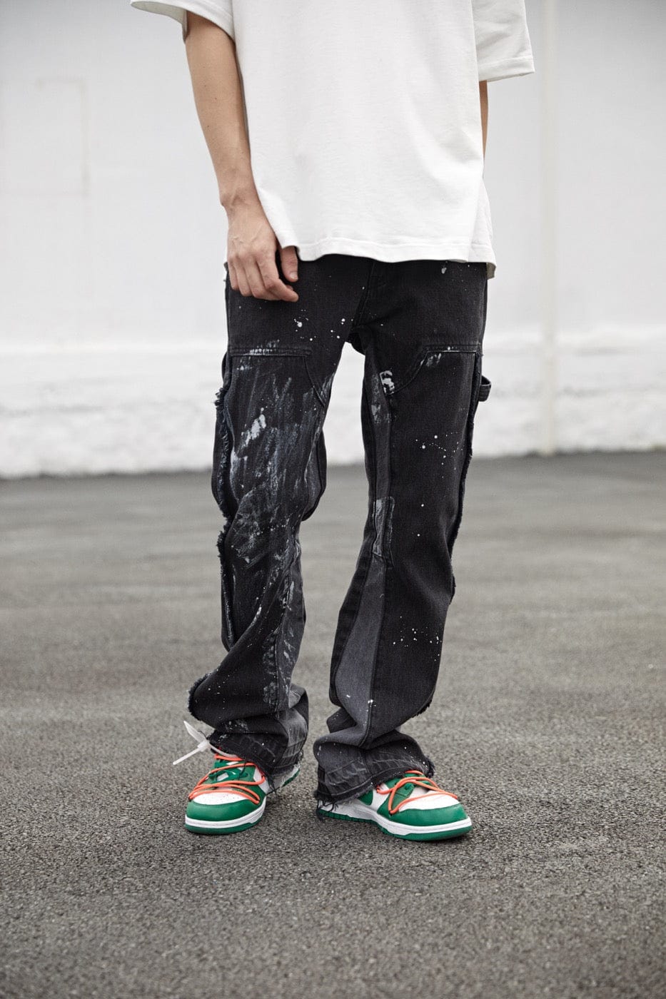 BONELESS Raw-Edge Spliced Paint Splatter Flared Jeans, premium urban and streetwear designers apparel on PROJECTISR.com, BONELESS