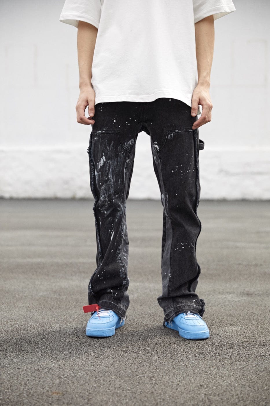 BONELESS Raw-Edge Spliced Paint Splatter Flared Jeans, premium urban and streetwear designers apparel on PROJECTISR.com, BONELESS