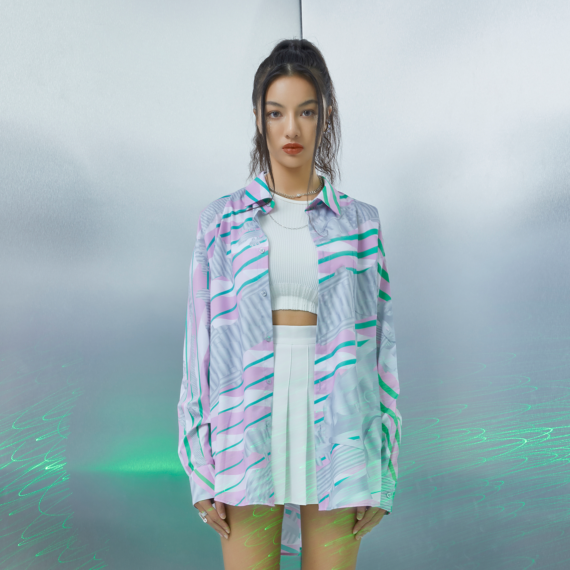 MASH UP ASIA Abstract Stripe Oversized Shirt