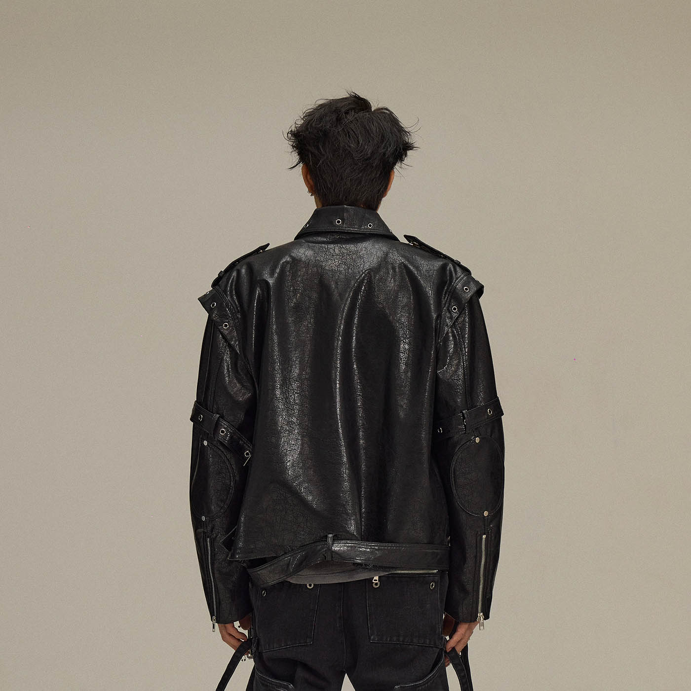 FLYERRER Asymmetrical Hoop-Hole Faux Leather Jacket, premium urban and streetwear designers apparel on PROJECTISR.com, FLYERRER