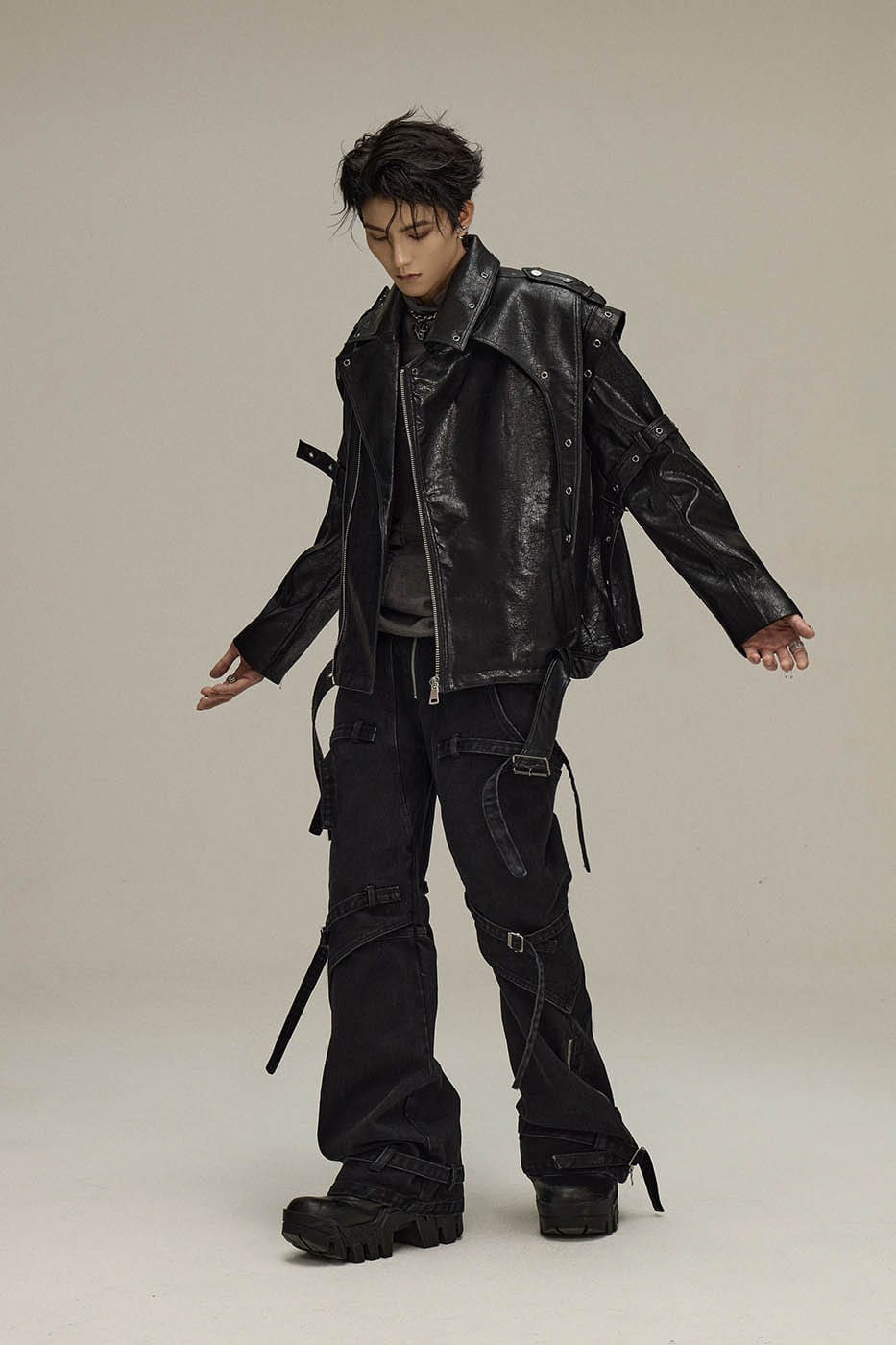 FLYERRER Asymmetrical Hoop-Hole Faux Leather Jacket, premium urban and streetwear designers apparel on PROJECTISR.com, FLYERRER