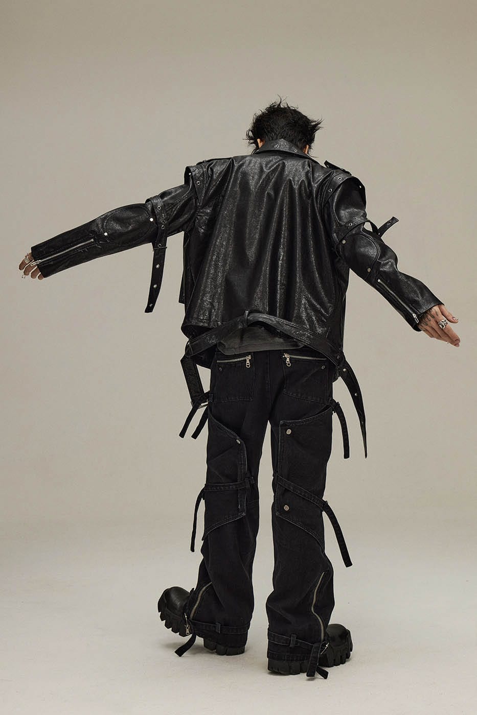 FLYERRER Asymmetrical Hoop-Hole Faux Leather Jacket, premium urban and streetwear designers apparel on PROJECTISR.com, FLYERRER