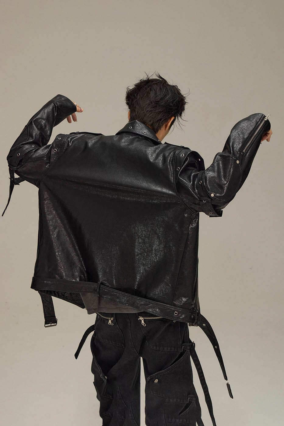 FLYERRER Asymmetrical Hoop-Hole Faux Leather Jacket, premium urban and streetwear designers apparel on PROJECTISR.com, FLYERRER