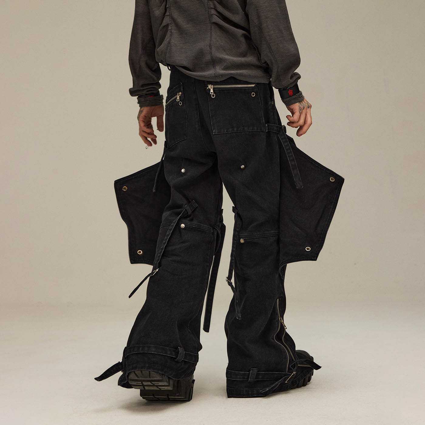 FLYERRER Spliced Faux-Layered Strap Zipper Pants, premium urban and streetwear designers apparel on PROJECTISR.com, FLYERRER
