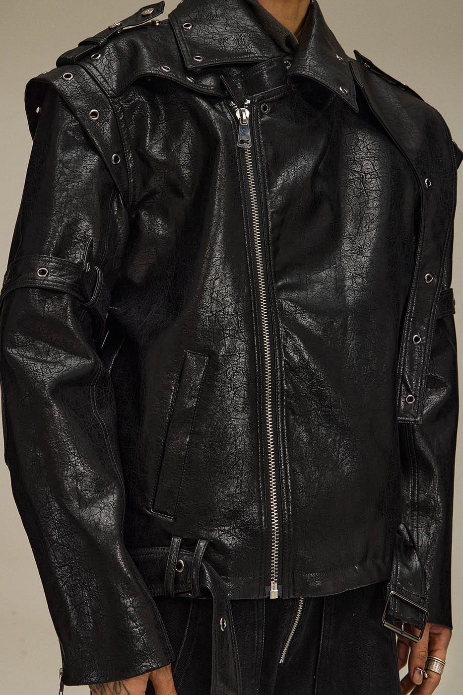 FLYERRER Asymmetrical Hoop-Hole Faux Leather Jacket, premium urban and streetwear designers apparel on PROJECTISR.com, FLYERRER