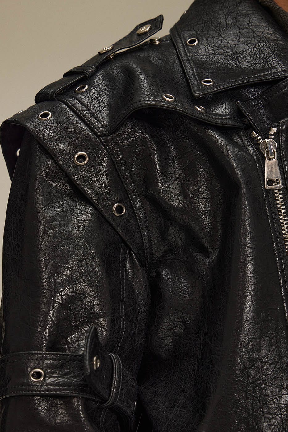 FLYERRER Asymmetrical Hoop-Hole Faux Leather Jacket, premium urban and streetwear designers apparel on PROJECTISR.com, FLYERRER