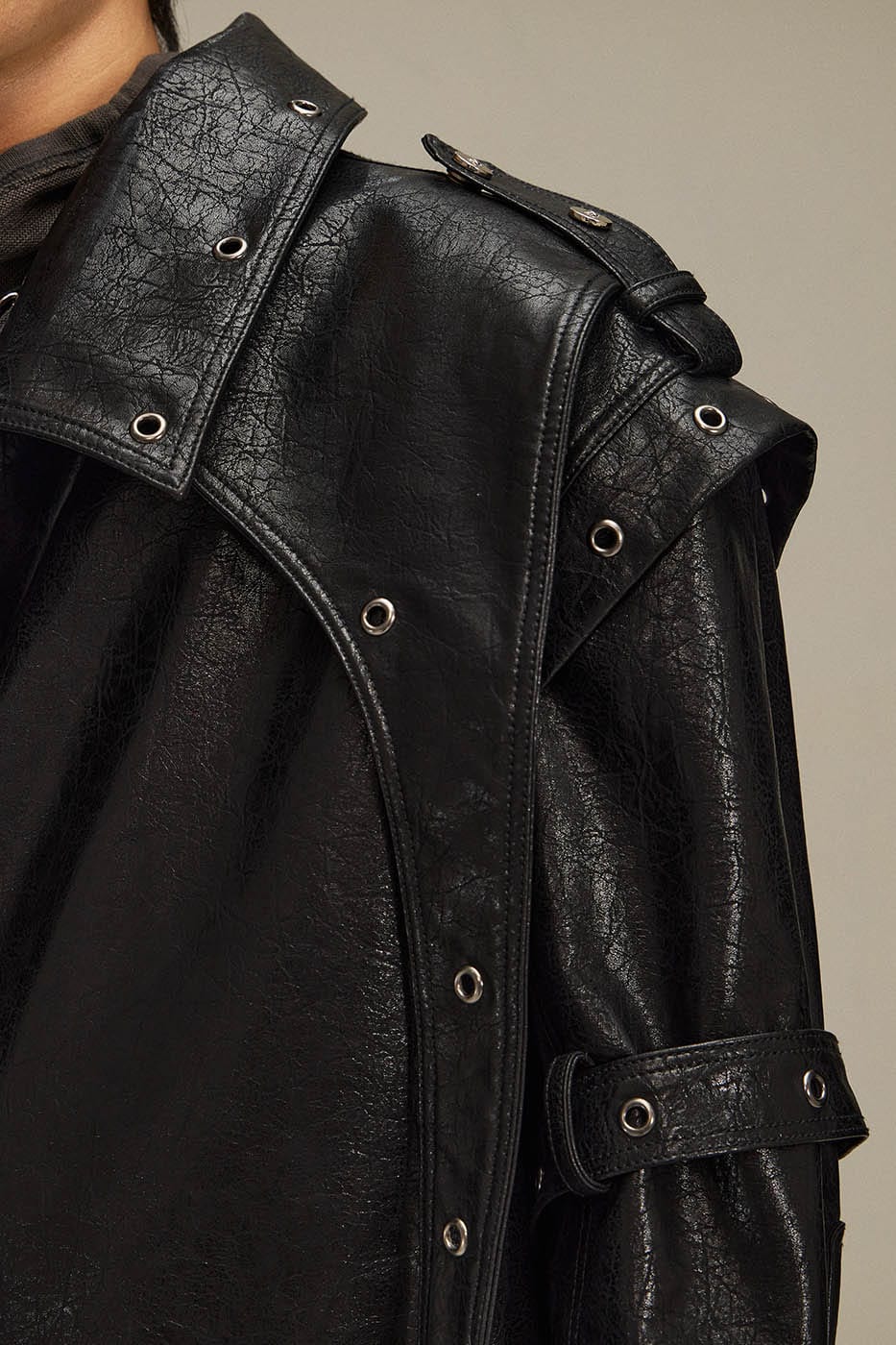 FLYERRER Asymmetrical Hoop-Hole Faux Leather Jacket, premium urban and streetwear designers apparel on PROJECTISR.com, FLYERRER