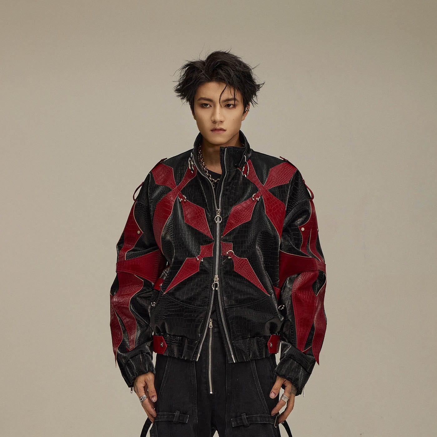 FLYERRER Four-Pointed Star Rivet Faux Feather Biker Jacket Red, premium urban and streetwear designers apparel on PROJECTISR.com, FLYERRER