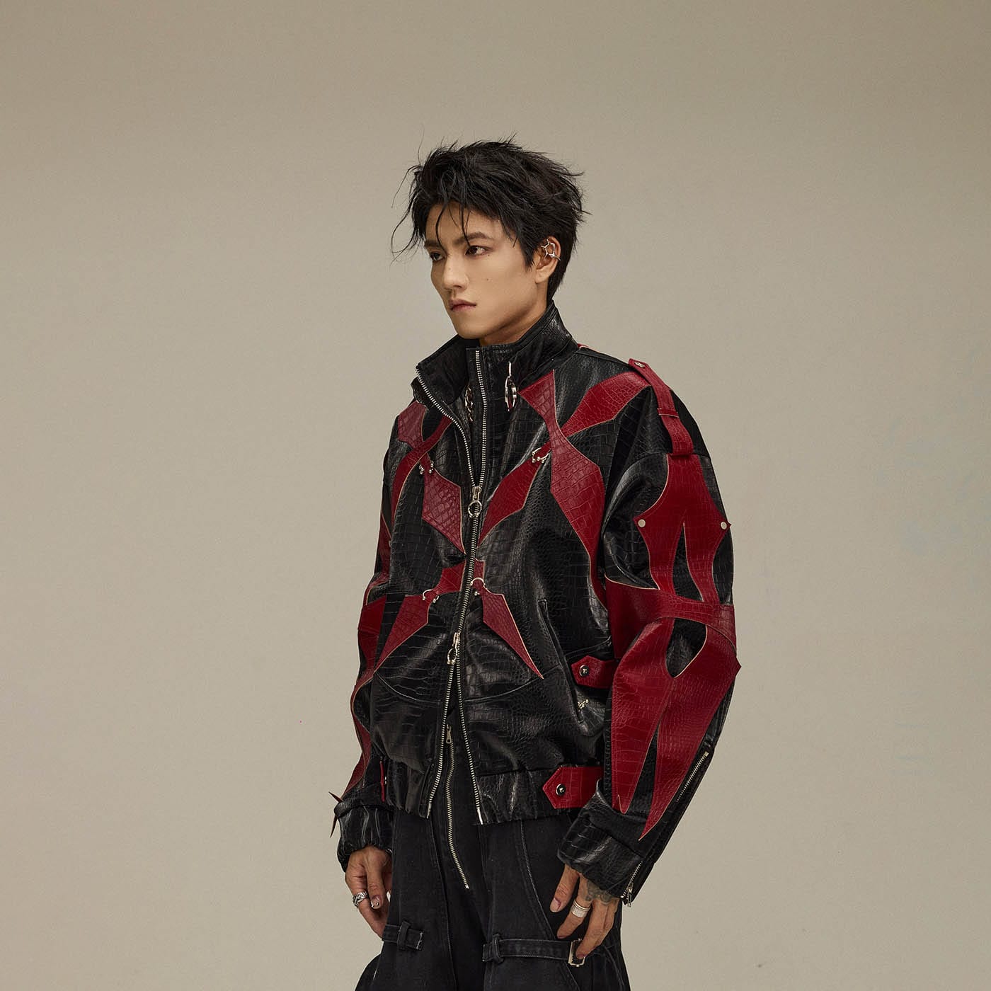 FLYERRER Four-Pointed Star Rivet Faux Feather Biker Jacket Red, premium urban and streetwear designers apparel on PROJECTISR.com, FLYERRER