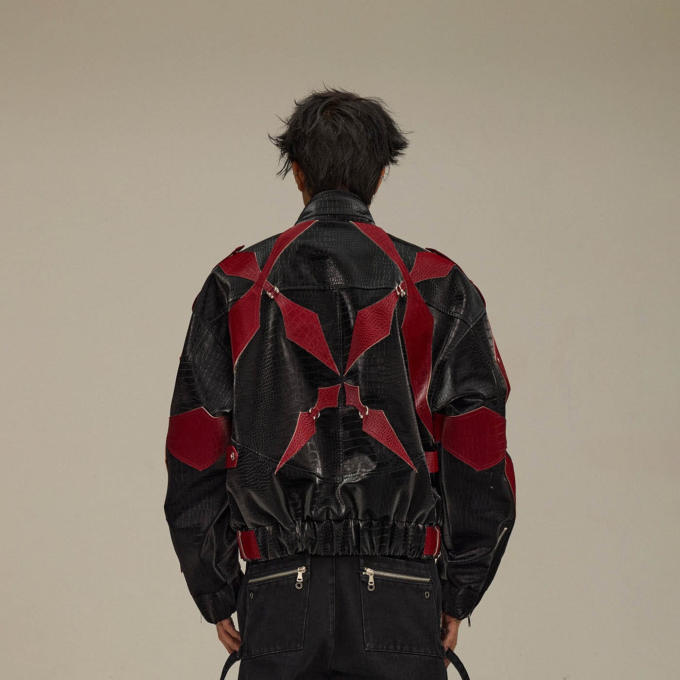 FLYERRER Four-Pointed Star Rivet Faux Feather Biker Jacket Red, premium urban and streetwear designers apparel on PROJECTISR.com, FLYERRER