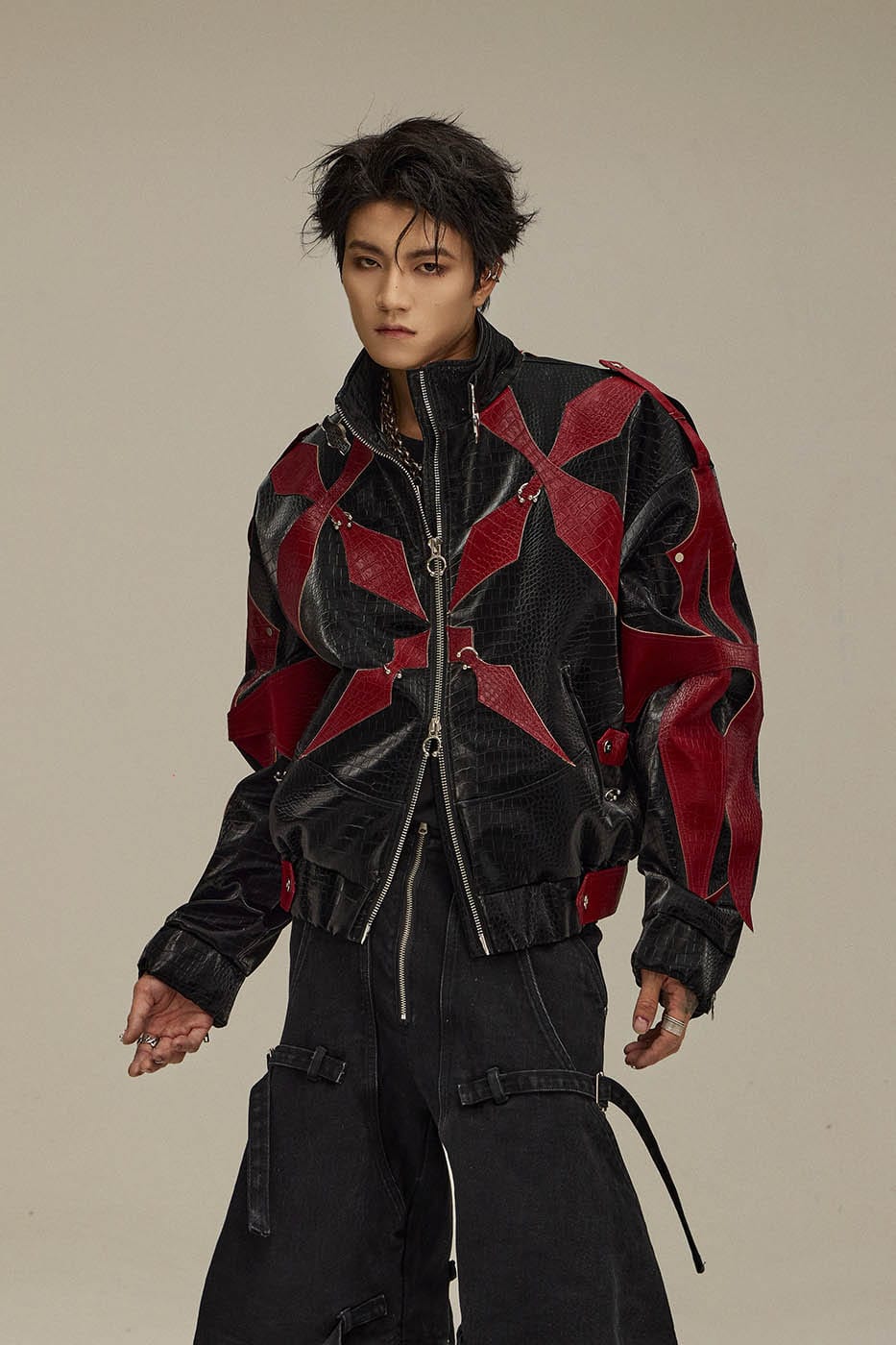 FLYERRER Four-Pointed Star Rivet Faux Feather Biker Jacket Red, premium urban and streetwear designers apparel on PROJECTISR.com, FLYERRER