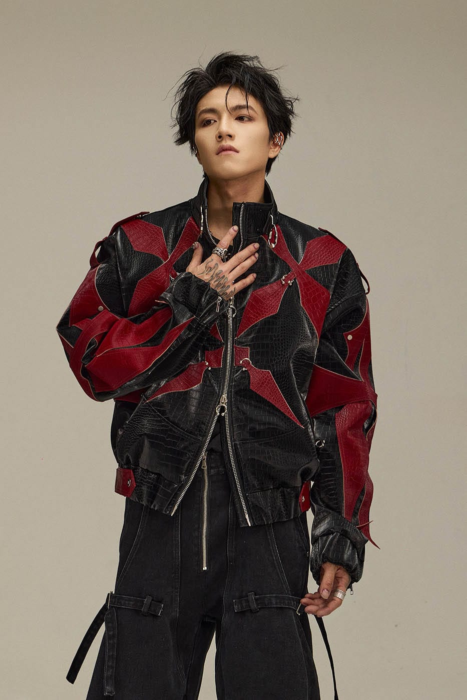FLYERRER Four-Pointed Star Rivet Faux Feather Biker Jacket Red, premium urban and streetwear designers apparel on PROJECTISR.com, FLYERRER
