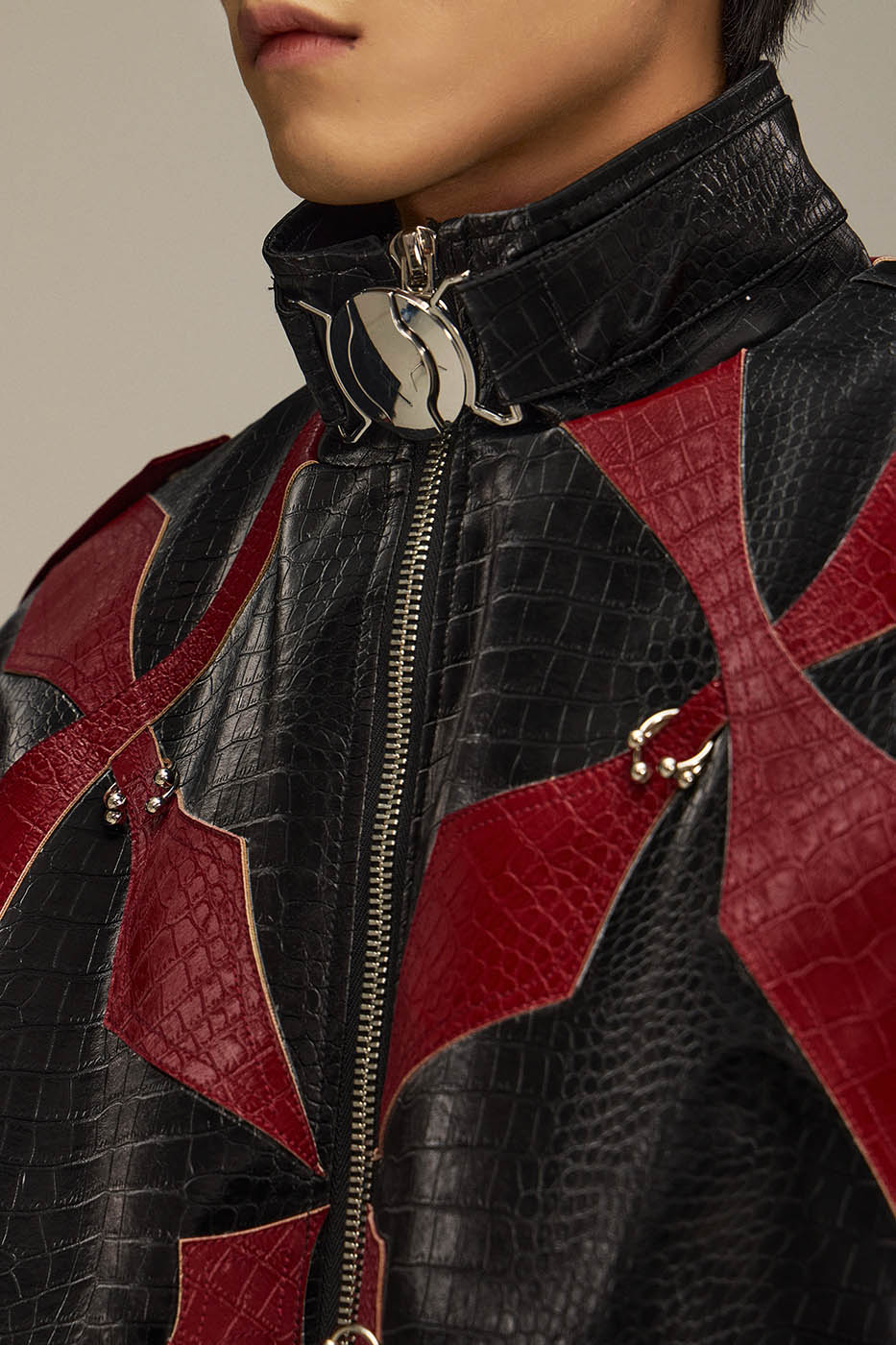 FLYERRER Four-Pointed Star Rivet Faux Feather Biker Jacket Red, premium urban and streetwear designers apparel on PROJECTISR.com, FLYERRER