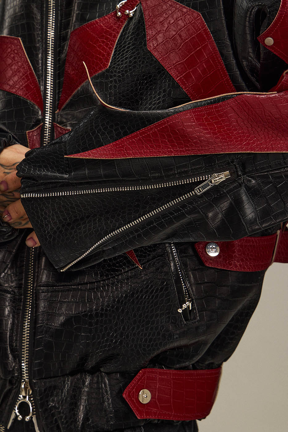 FLYERRER Four-Pointed Star Rivet Faux Feather Biker Jacket Red, premium urban and streetwear designers apparel on PROJECTISR.com, FLYERRER
