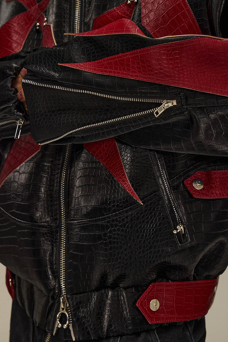 FLYERRER Four-Pointed Star Rivet Faux Feather Biker Jacket Red, premium urban and streetwear designers apparel on PROJECTISR.com, FLYERRER