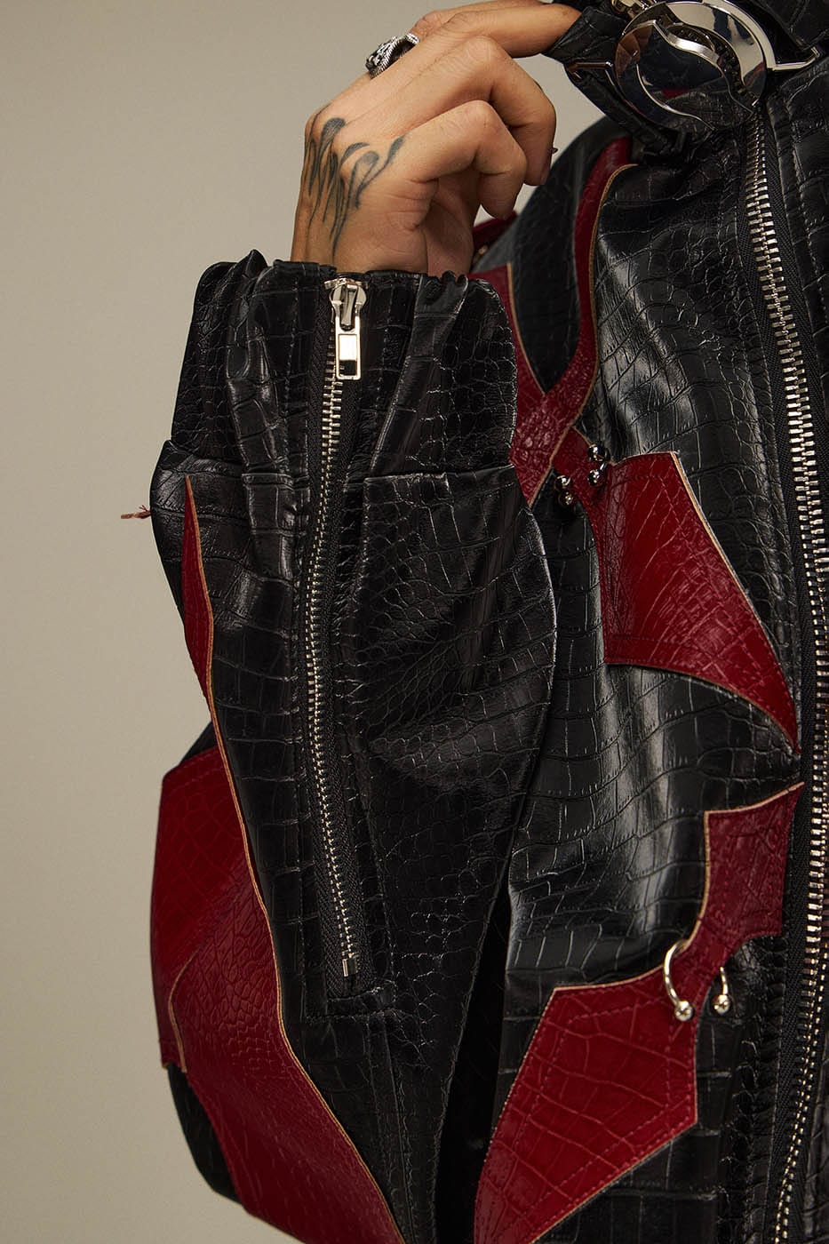 FLYERRER Four-Pointed Star Rivet Faux Feather Biker Jacket Red, premium urban and streetwear designers apparel on PROJECTISR.com, FLYERRER