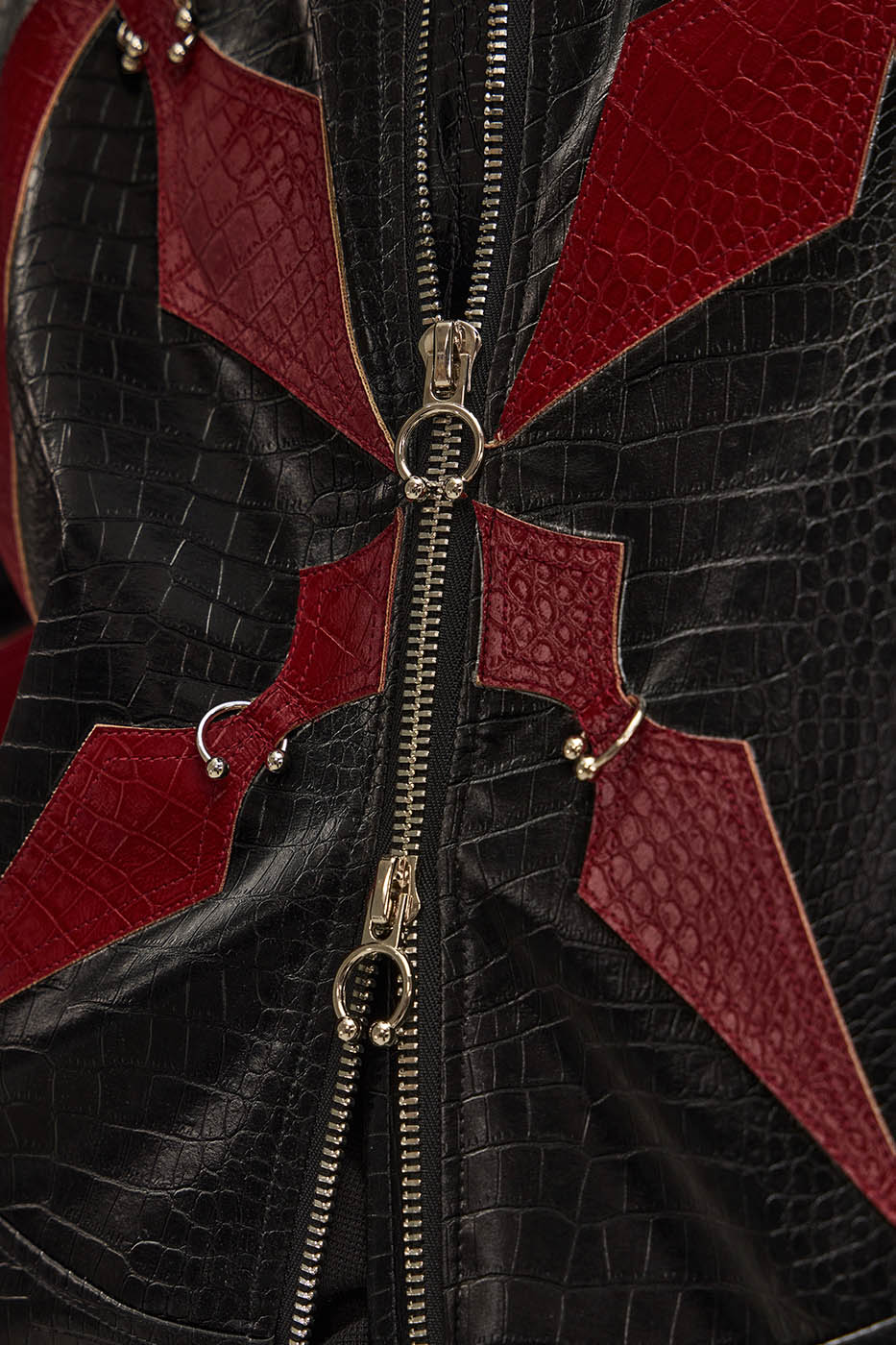 FLYERRER Four-Pointed Star Rivet Faux Feather Biker Jacket Red, premium urban and streetwear designers apparel on PROJECTISR.com, FLYERRER