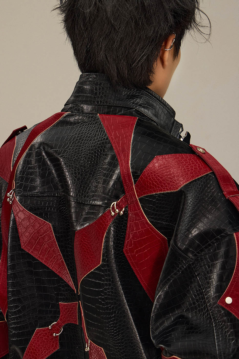FLYERRER Four-Pointed Star Rivet Faux Feather Biker Jacket Red, premium urban and streetwear designers apparel on PROJECTISR.com, FLYERRER