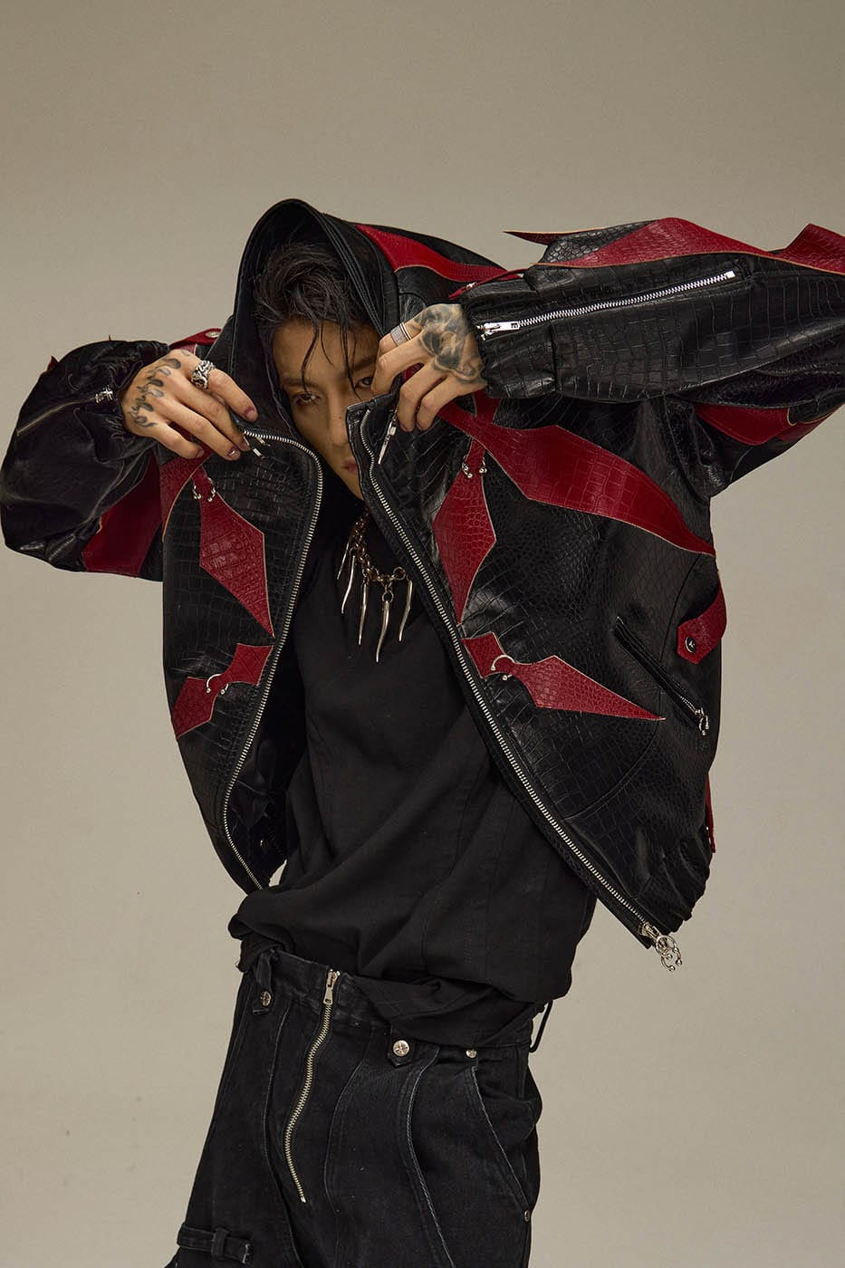 FLYERRER Four-Pointed Star Rivet Faux Feather Biker Jacket Red, premium urban and streetwear designers apparel on PROJECTISR.com, FLYERRER